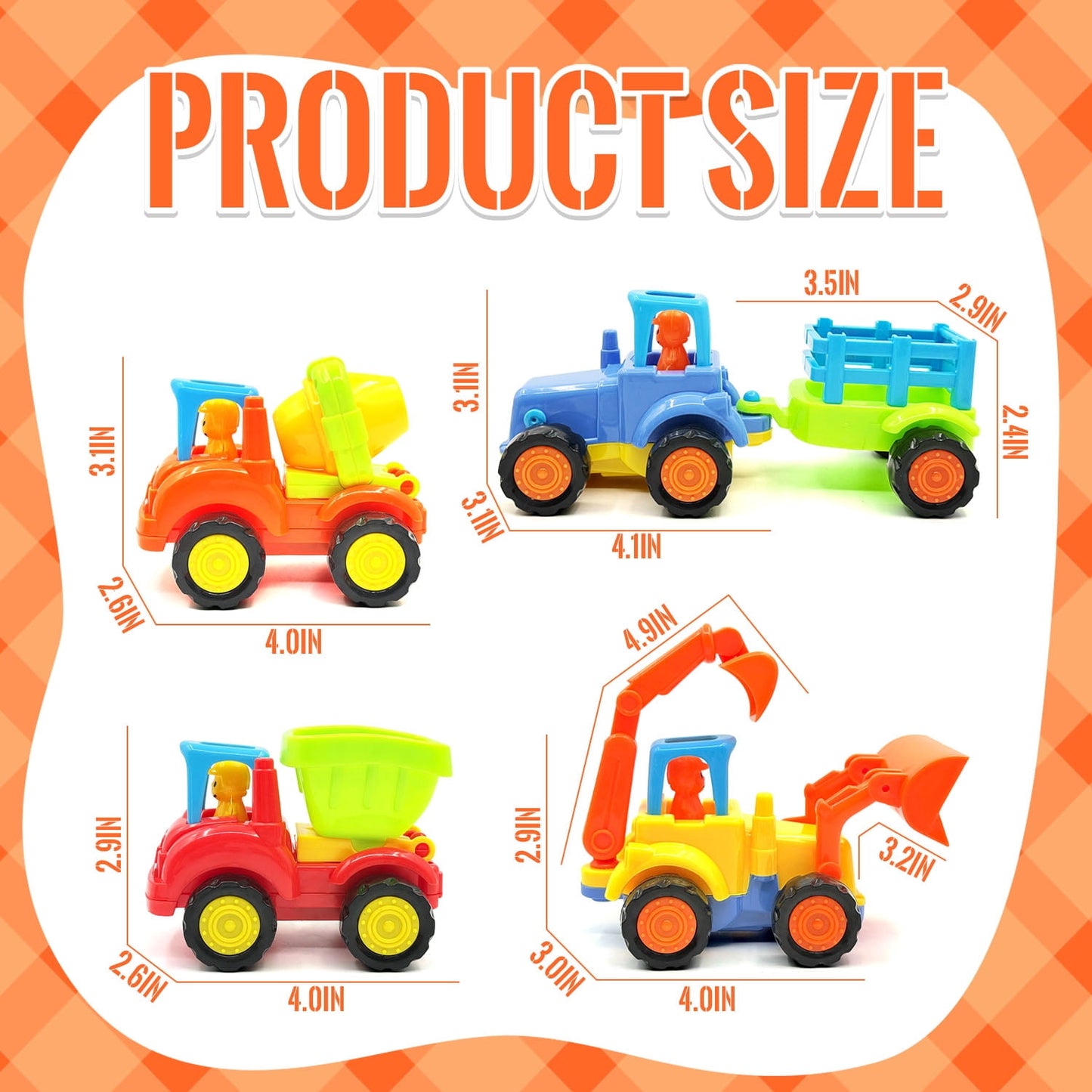 Friction Powered Toy Cars for Toddlers 1-3, 4 pack Construction Vehicles Toys Set, Early Educational Learning Toys for 1 2 3 Year Old Boys Girls, Birthday Gifts for Baby Kids
