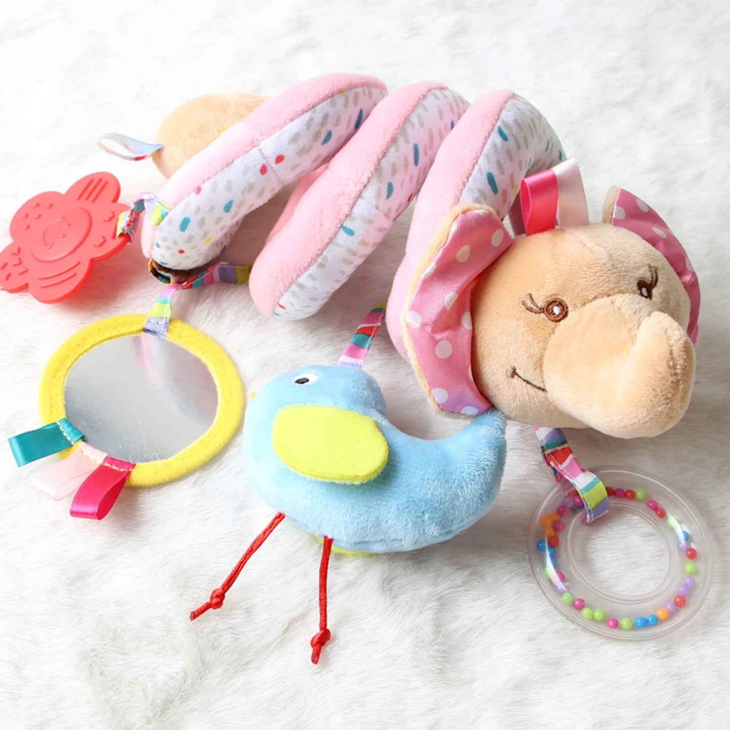 Baby Car Seat Toys, Stroller Toys, Crib Toys, Infant Baby Spiral Activity Hanging Toys 0-6 Months, Baby Toys 6-12 Months, Pink Elephant