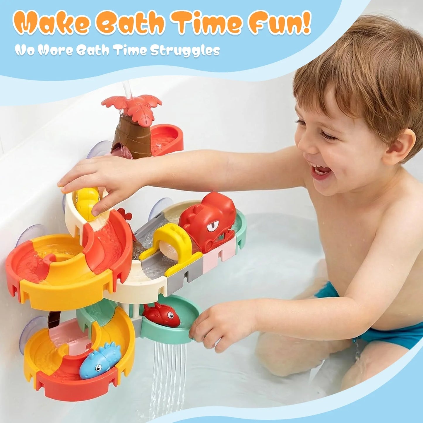 Bath Toys, Dinosaur Water Slide Building Track Toy for Toddlers 1-3, Bathtub Toys for Boys Girls, 43 Pcs