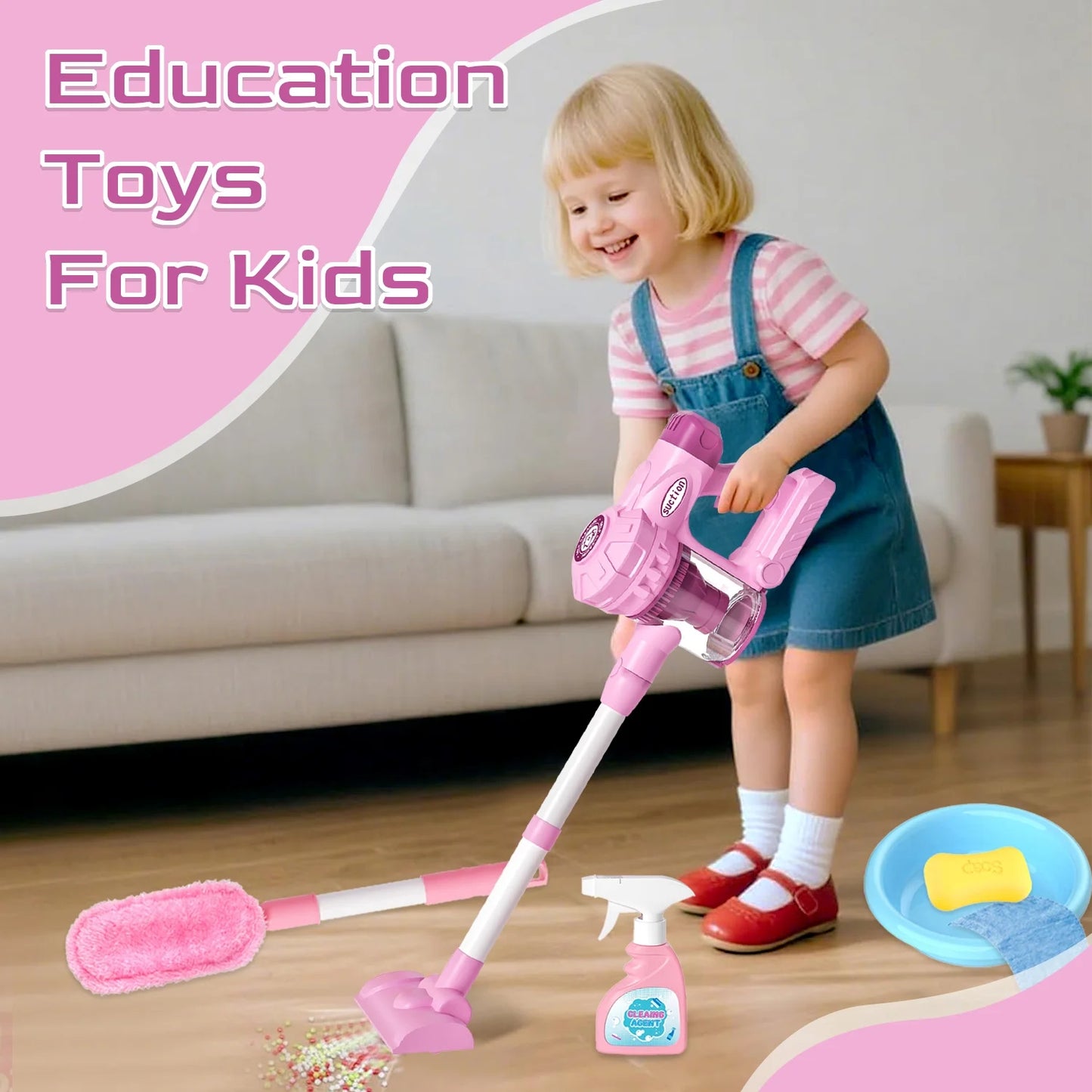 Kids Cleaning Set, Toy Vacuum Cleaner for Kids with Real Suction Power, Pretend Play Toys for Girls 3 4 5 6 Year Old
