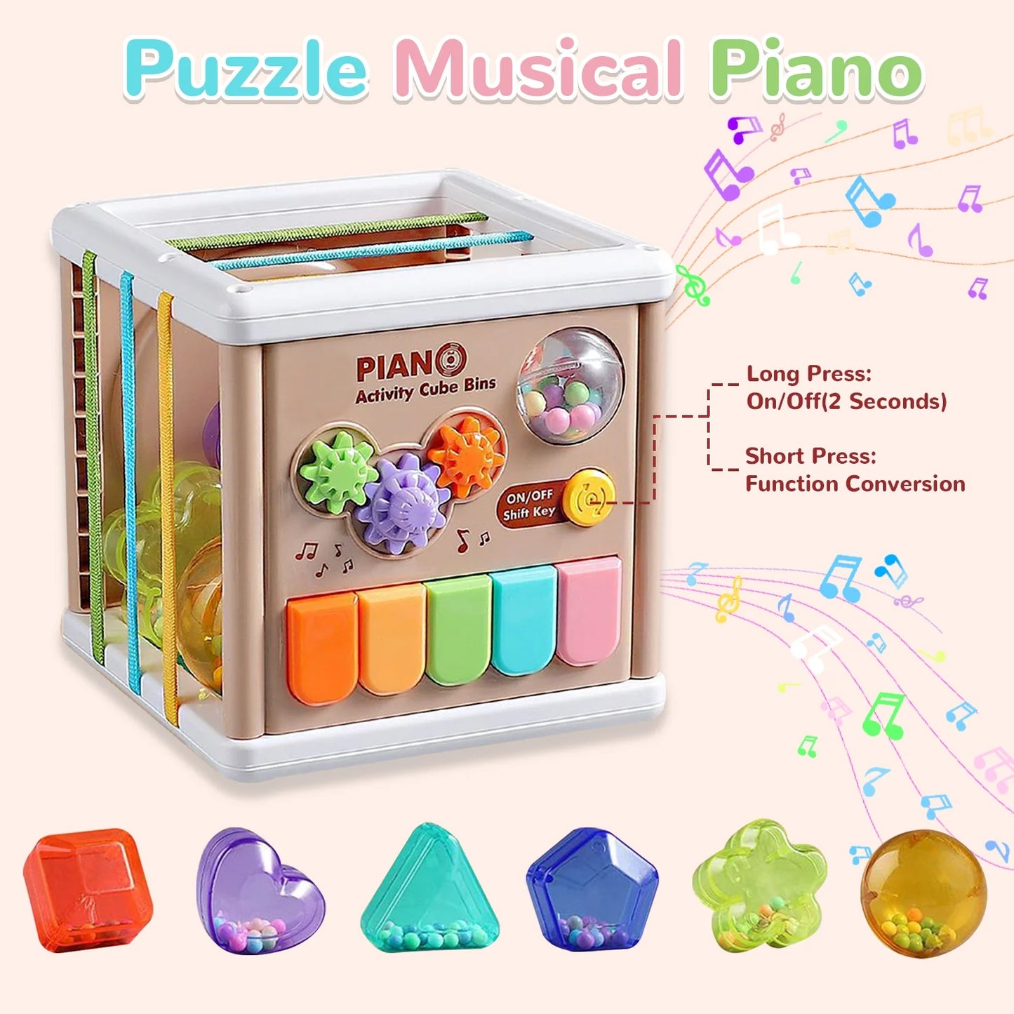 Montessori Toys for 1+ Year Old, Piano Cube & 6 Sensory Shape Blocks, Baby Toys 12-24 Months, Developmental Infant Birthday Gifts for Learning Toddler Age 1 2 3