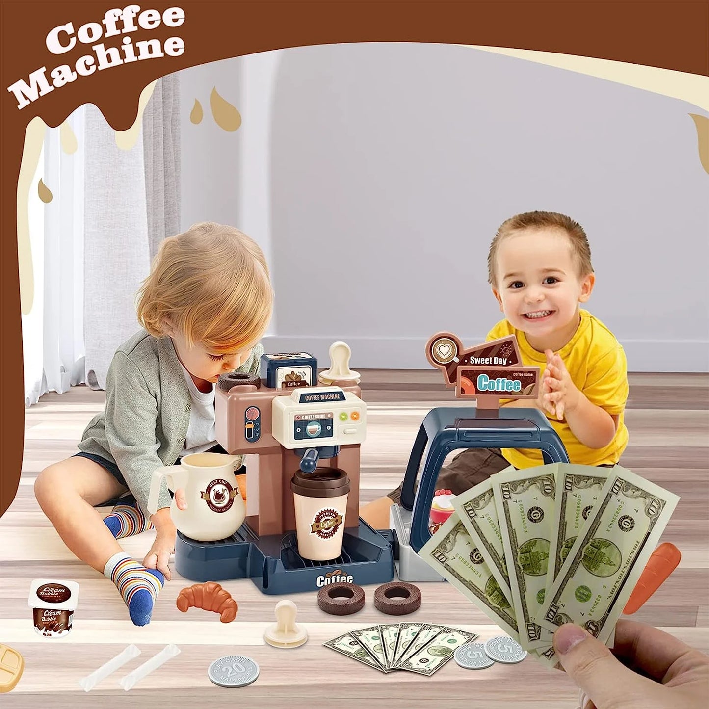 Tea Party Kids Coffee Maker Playset, Cash Register Pretend Play Kitchen Toys for Girls 3-6 Year