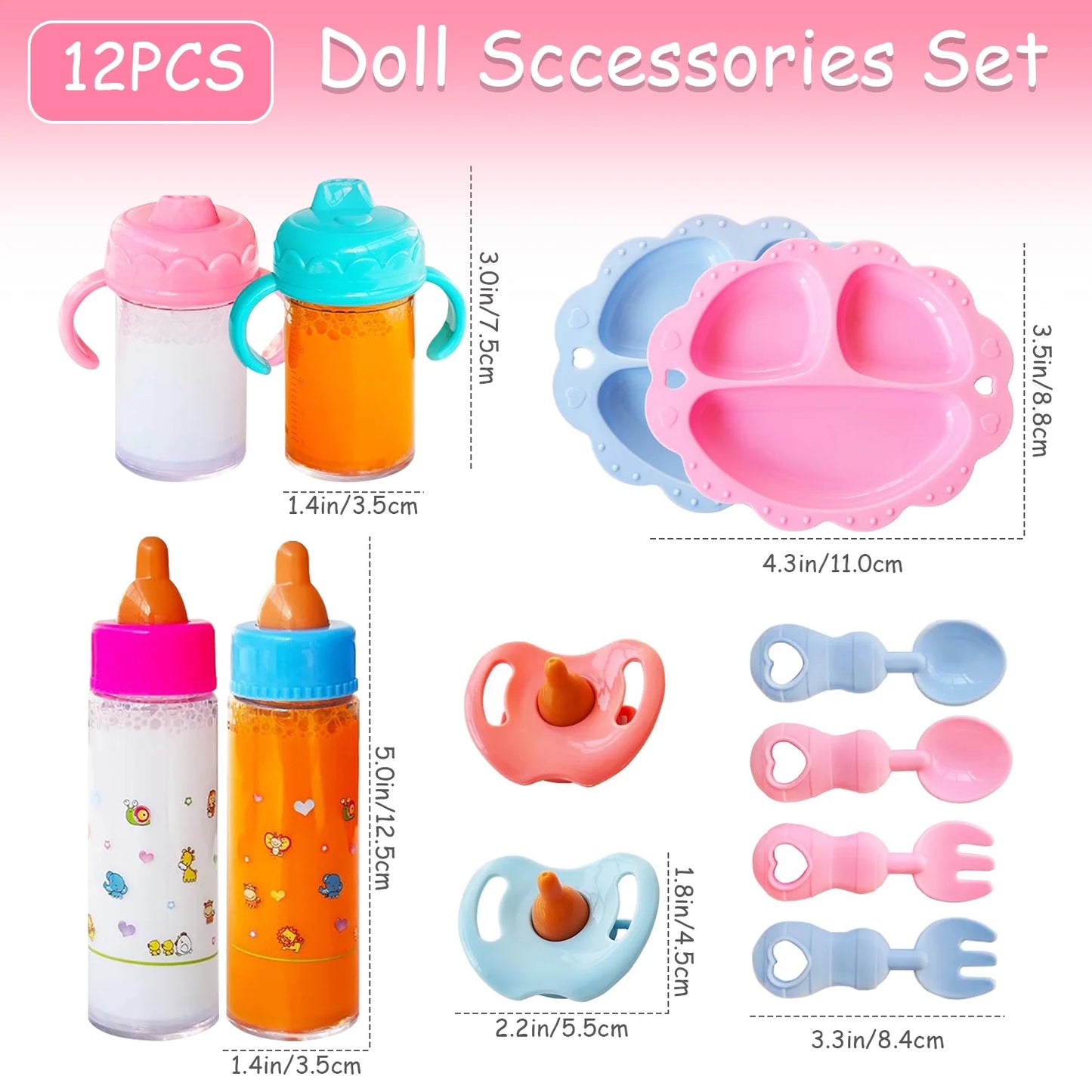 12 Pcs Baby Doll Accessories Baby Doll Feeding and Caring Set,Doll Feeding Set for Kids Girls,Magic Disappearing Juice Milk Bottles,Sippy Cups,Pacifiers,Bowl Spoons