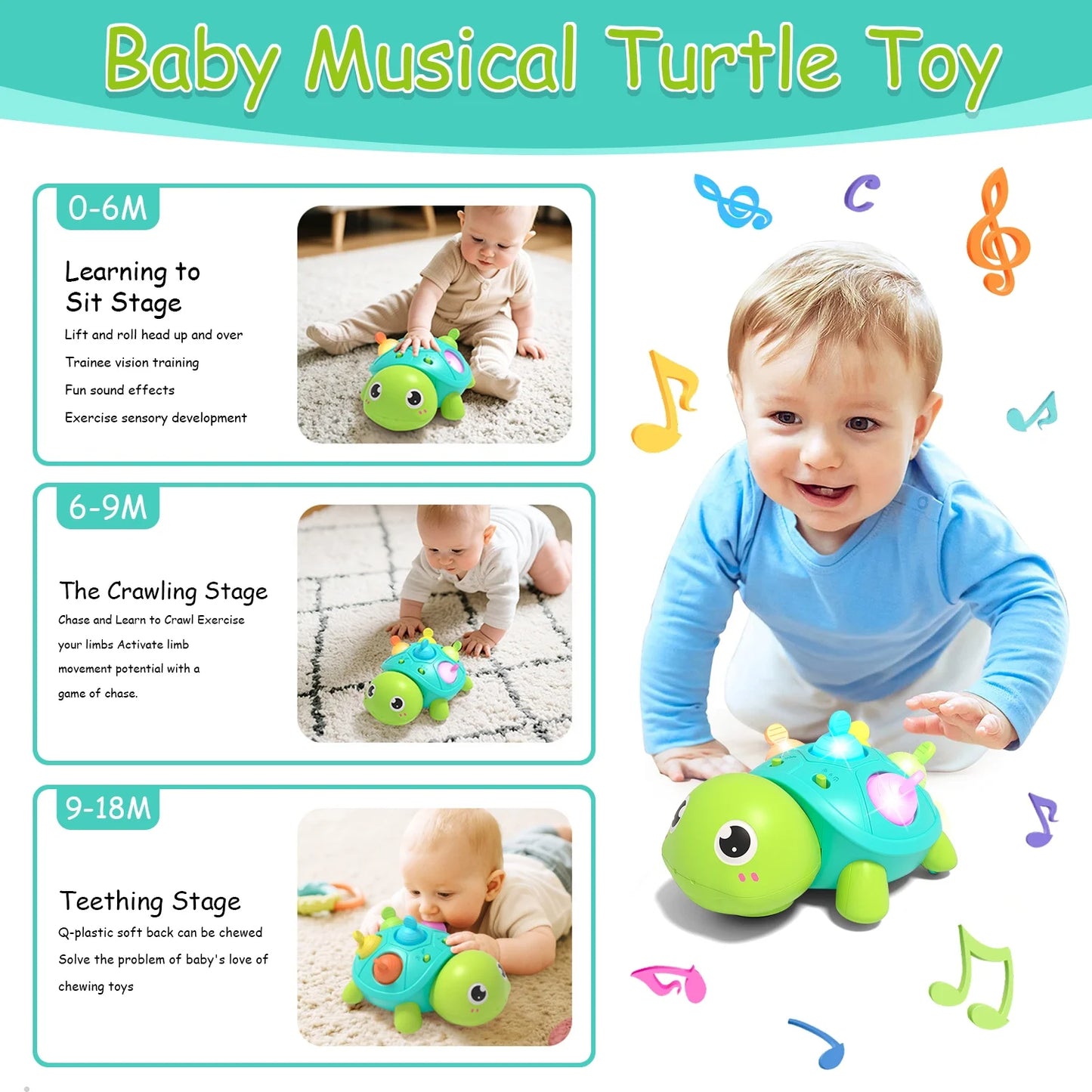 Baby Toys 6-12 Months Musical Turtle Crawling Toy, Infant Development Educational Birthday Gifts 6 7 8 9 10 12 Month 1 Year Old Boy Girl