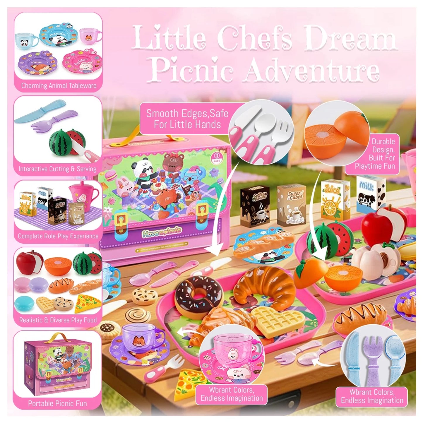 Sytle-Carry Tea Party Set for Little Girls, 43 Pcs Pretend Play Toy Picnic Basket, Toys for Toddler Girls 3-6 Years