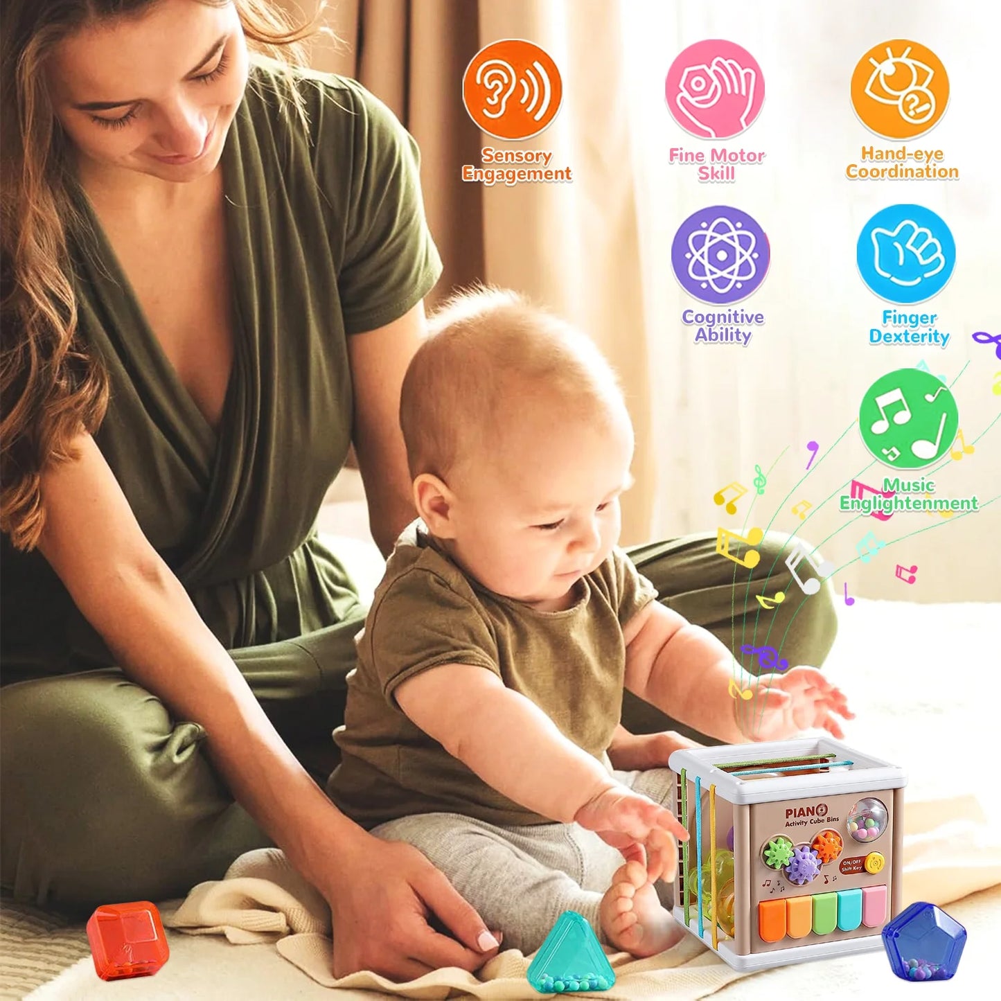 Montessori Toys for 1+ Year Old, Piano Cube & 6 Sensory Shape Blocks, Baby Toys 12-24 Months, Developmental Infant Birthday Gifts for Learning Toddler Age 1 2 3