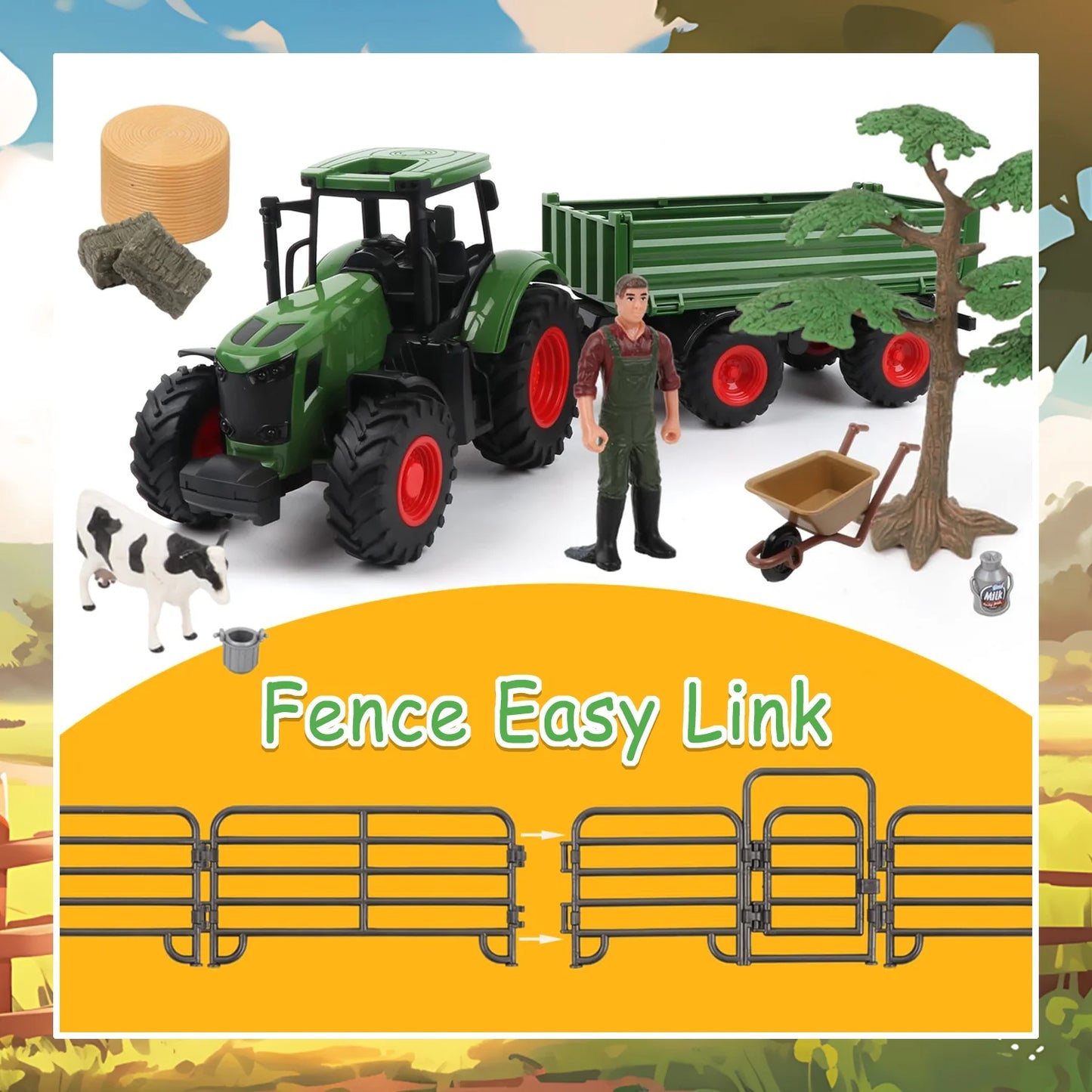 Farm Animal Tractor Toys Playset-16.5 Inches Tractor with Trailer Fence,Farmer,Tree,Cow,Farm Toy Set for Boys Girls Kids Toddlers Age 3-7 Years Old