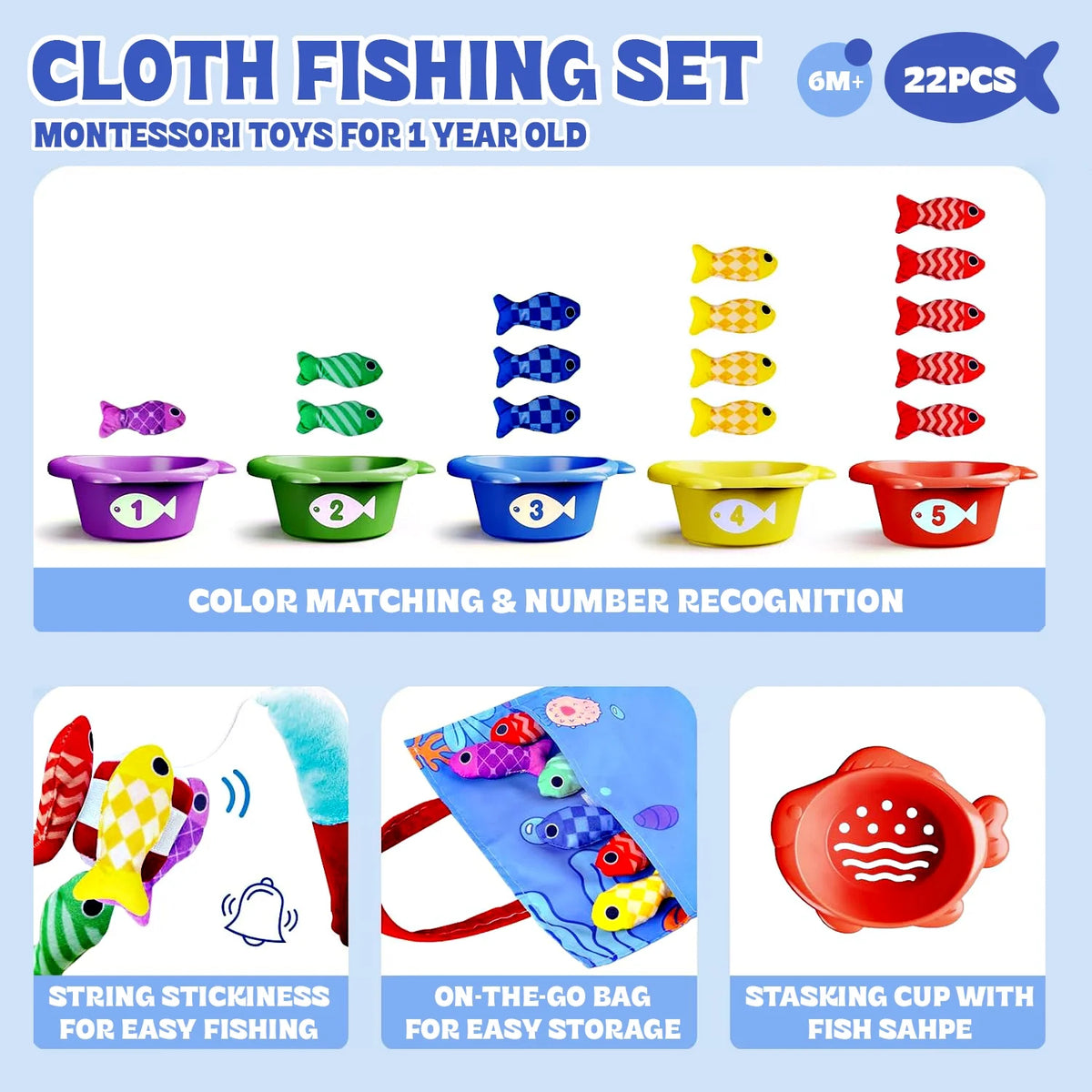 Montessori Toys for Boy Girl, Cloth Fishing Game for Toddlers, Learning Toys, Baby Toys