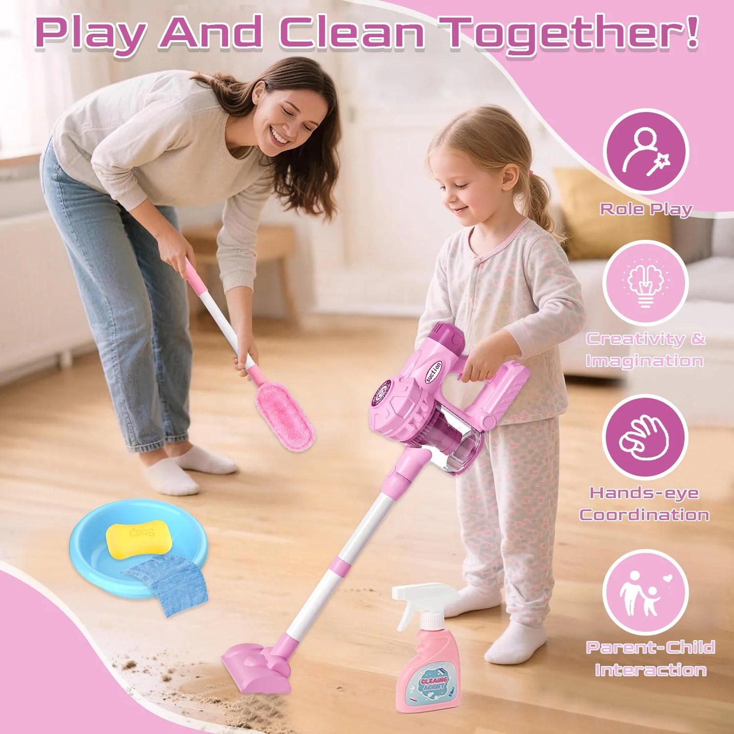 Kids Cleaning Set, Toy Vacuum Cleaner for Kids with Real Suction Power, Pretend Play Toys for Girls 3 4 5 6 Year Old