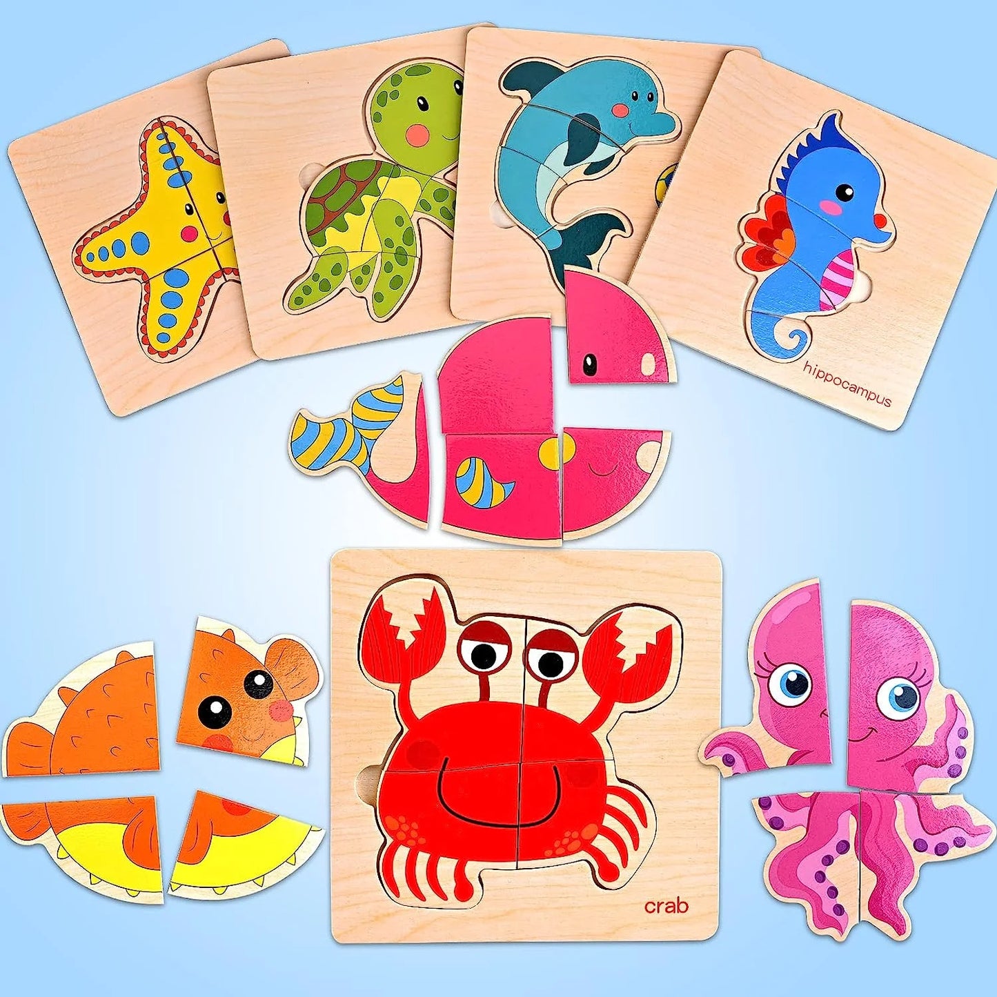 8Pcs Wooden Puzzles for Toddlers 3, Sea Animal Puzzle for Kids, Montessori Toys for 3+ Years Girl Boy,