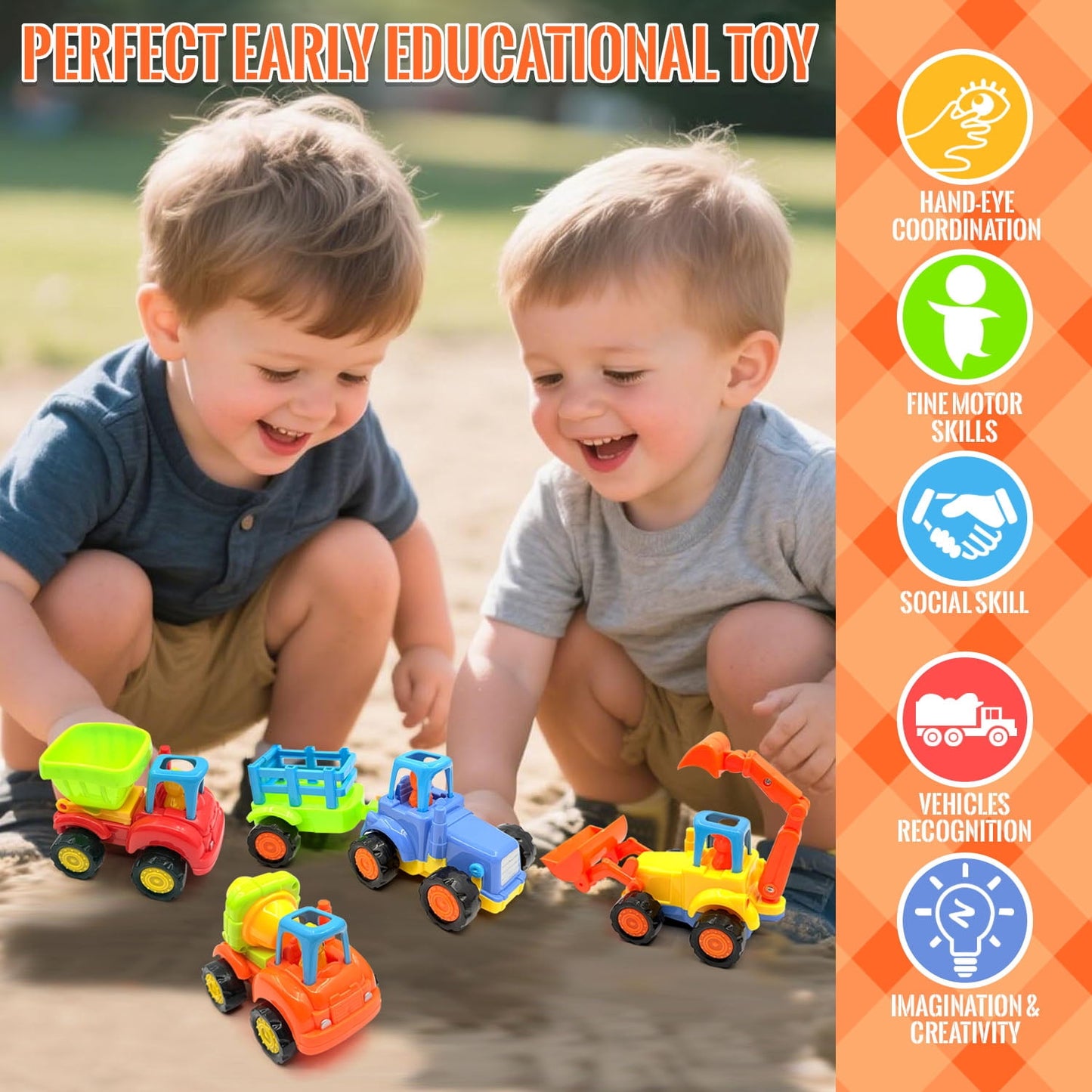 Friction Powered Toy Cars for Toddlers 1-3, 4 pack Construction Vehicles Toys Set, Early Educational Learning Toys for 1 2 3 Year Old Boys Girls, Birthday Gifts for Baby Kids
