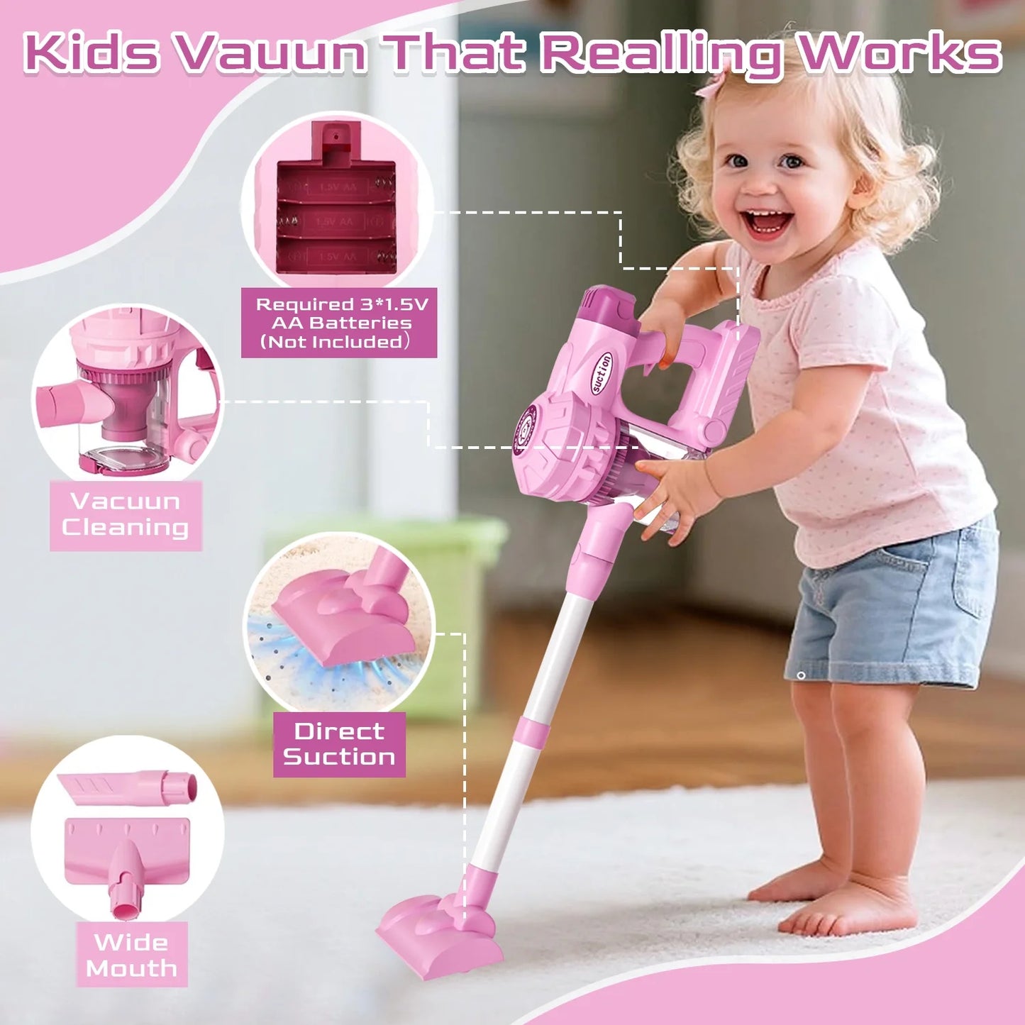 Kids Cleaning Set, Toy Vacuum Cleaner for Kids with Real Suction Power, Pretend Play Toys for Girls 3 4 5 6 Year Old