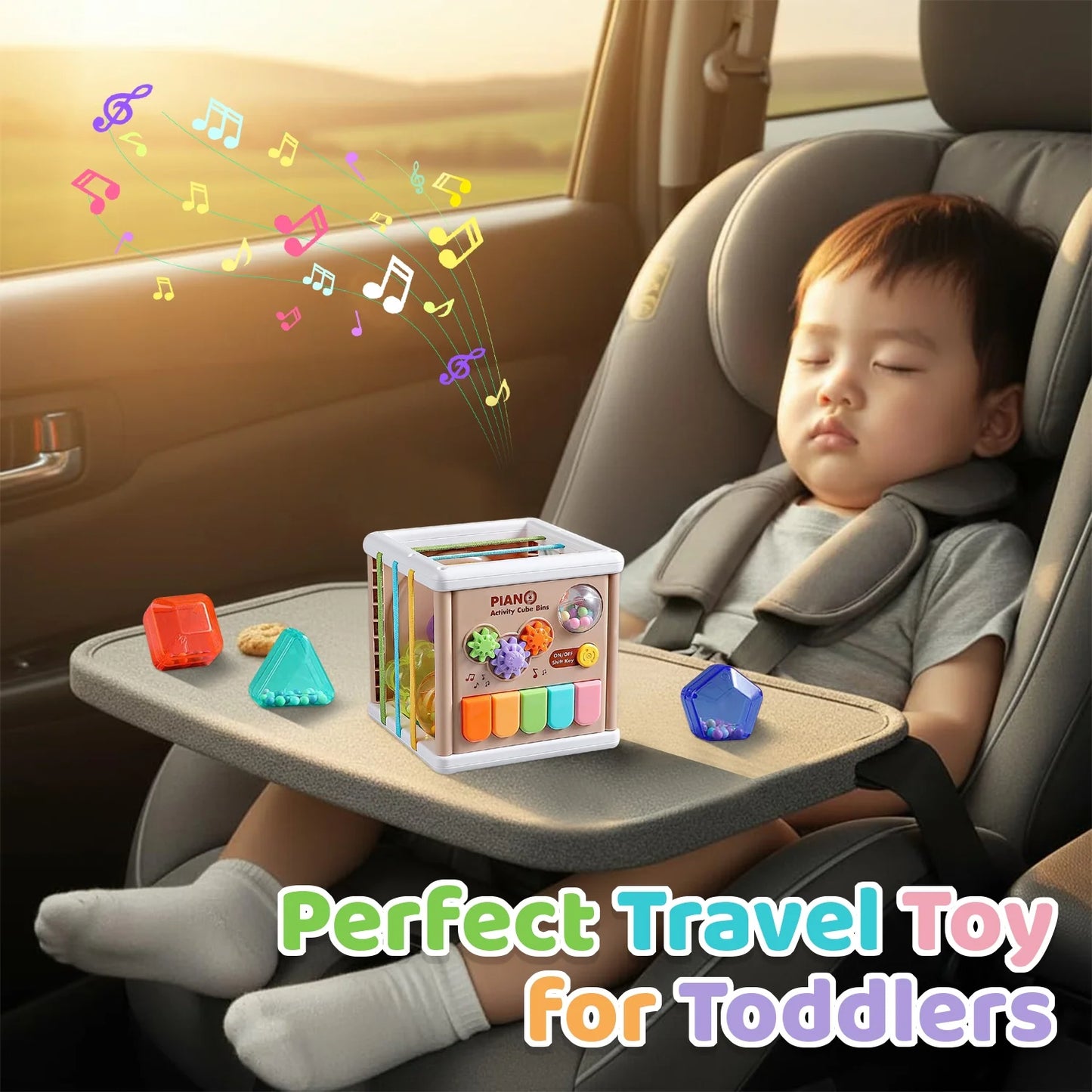 Montessori Toys for 1+ Year Old, Piano Cube & 6 Sensory Shape Blocks, Baby Toys 12-24 Months, Developmental Infant Birthday Gifts for Learning Toddler Age 1 2 3