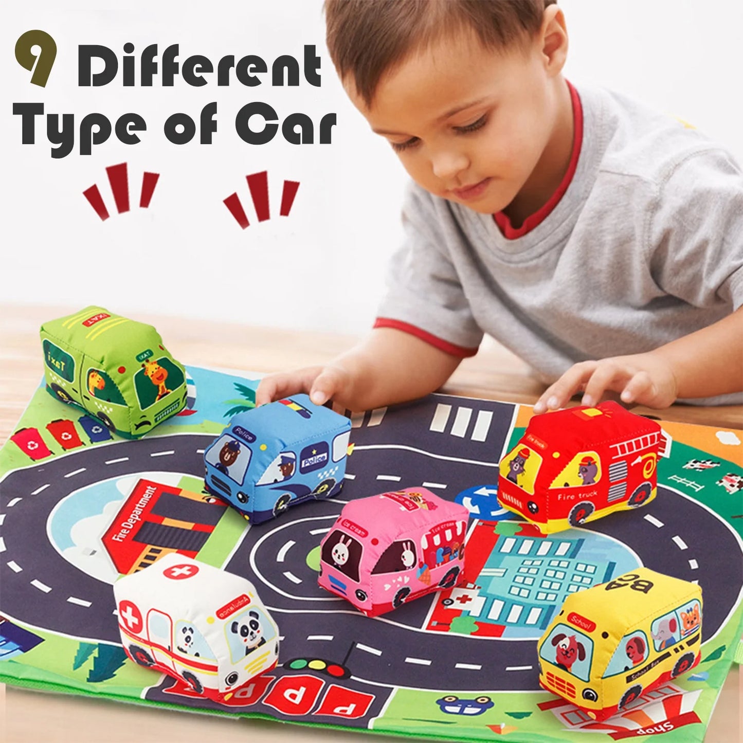 Car Toys for 1 Year Old Boy, 9 Pcs Soft Toy Cars with Playmat for Baby Boys Girls, Infant Baby Toys 12-18 Months, 1st Birthday Gifts for Toddler Toys Age 1-2