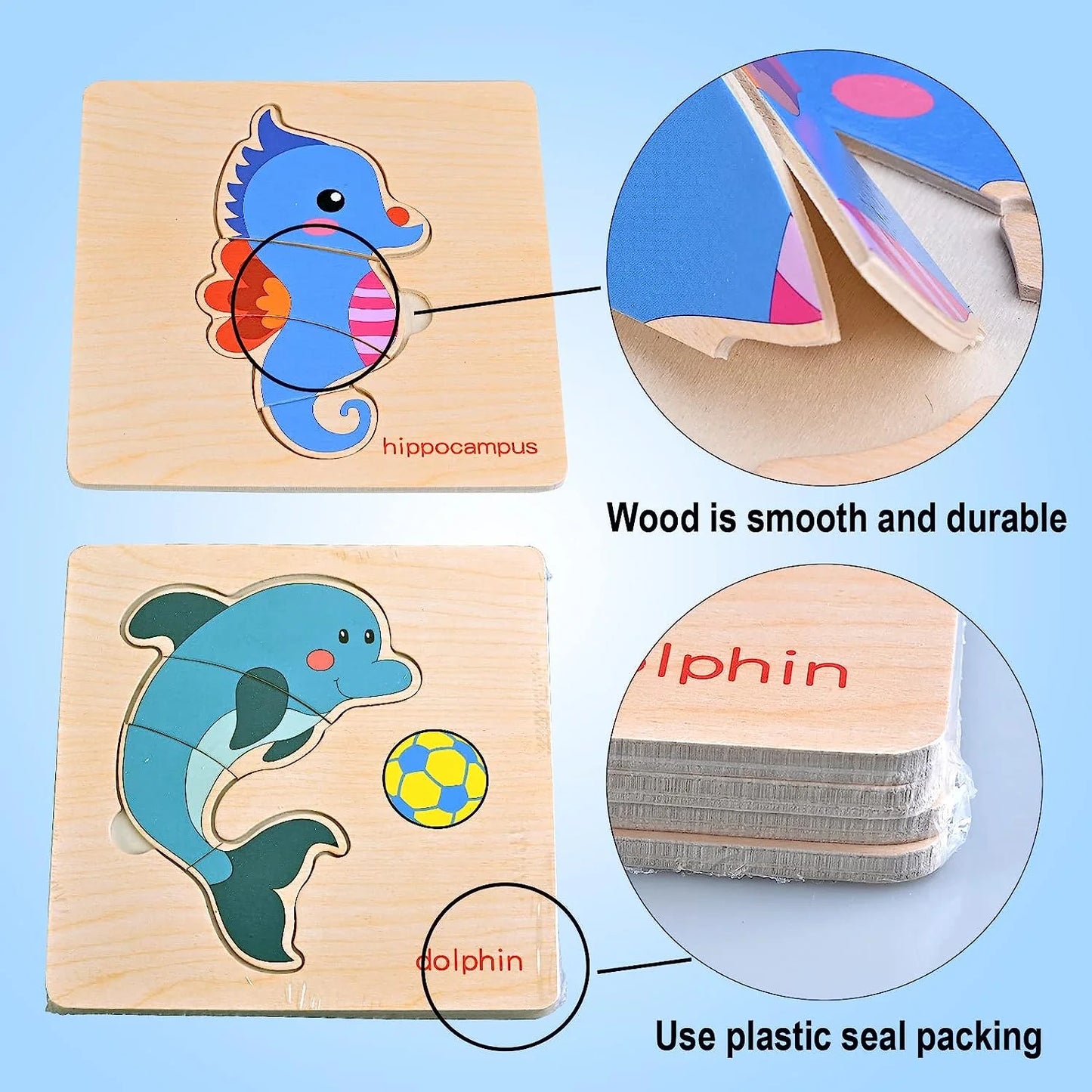 8Pcs Wooden Puzzles for Toddlers 3, Sea Animal Puzzle for Kids, Montessori Toys for 3+ Years Girl Boy,