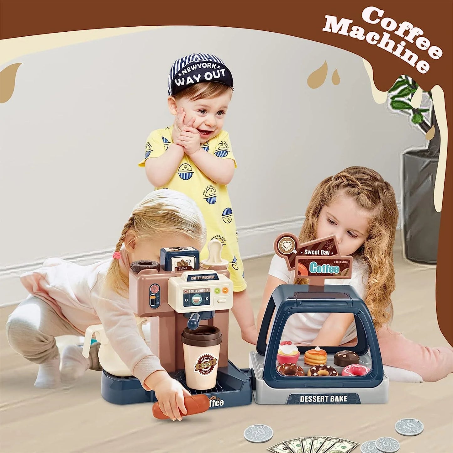 Tea Party Kids Coffee Maker Playset, Cash Register Pretend Play Kitchen Toys for Girls 3-6 Year