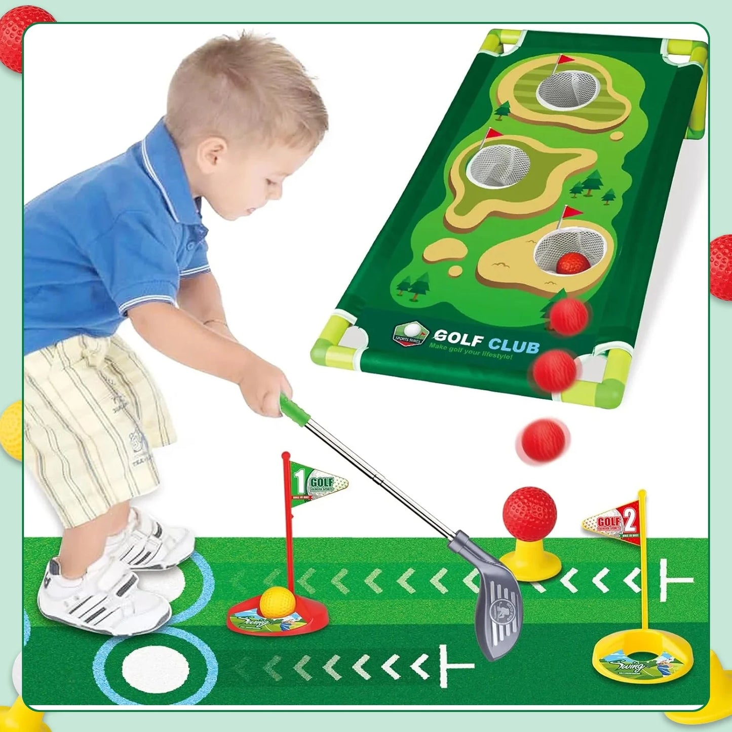 Kids Golf Set, Mini Golf Set for kid, Golf Ball Game with Practice Mat & Cornhole Board, Sports Toys Outdoor Toys Birthday Gifts for Boys Girls 3 4 5 6 Ages Year Old