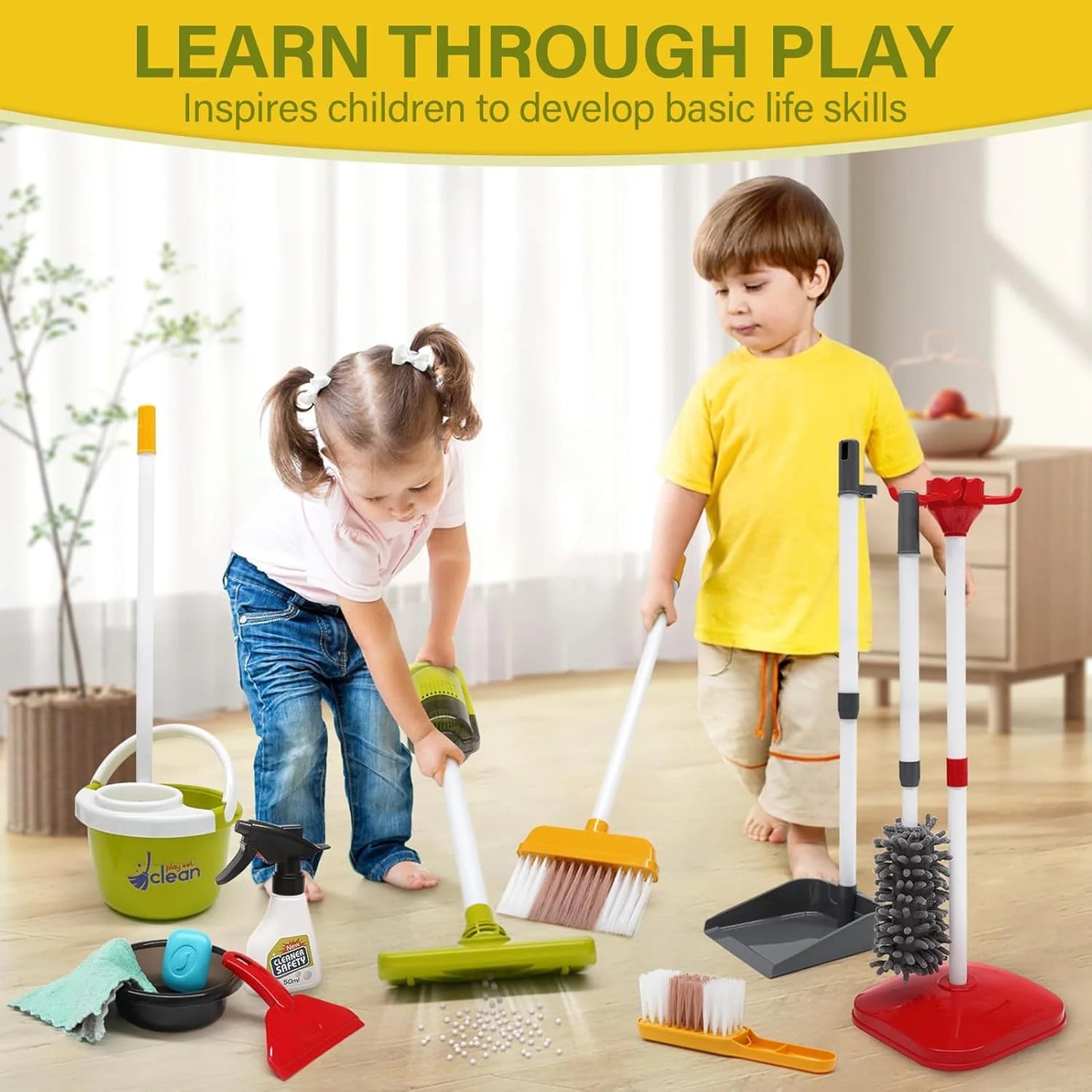 Toddler Cleaning Set - 14Pcs Kids Cleaning Toy Set with 2-in-1 Kids Vacuum That Really Works, Pretend Home Cleaning Play Set for Toddler Age 1-4, Christmas Birthday Gift for Girls Boys