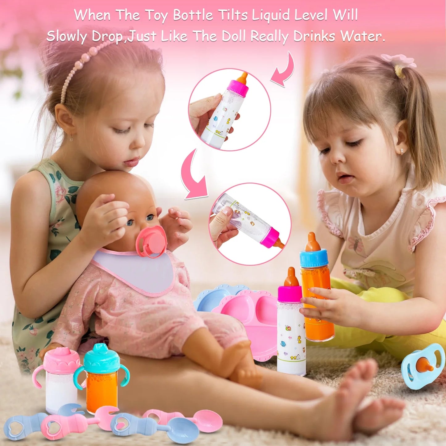 12 Pcs Baby Doll Accessories Baby Doll Feeding and Caring Set,Doll Feeding Set for Kids Girls,Magic Disappearing Juice Milk Bottles,Sippy Cups,Pacifiers,Bowl Spoons