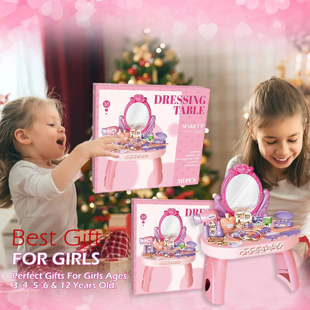 Pretend Play Girls Makeup Table Set, Toddler Girls Vanity Set Toy, Princess Toys for Little Girls Ages 3 4 5 6 7