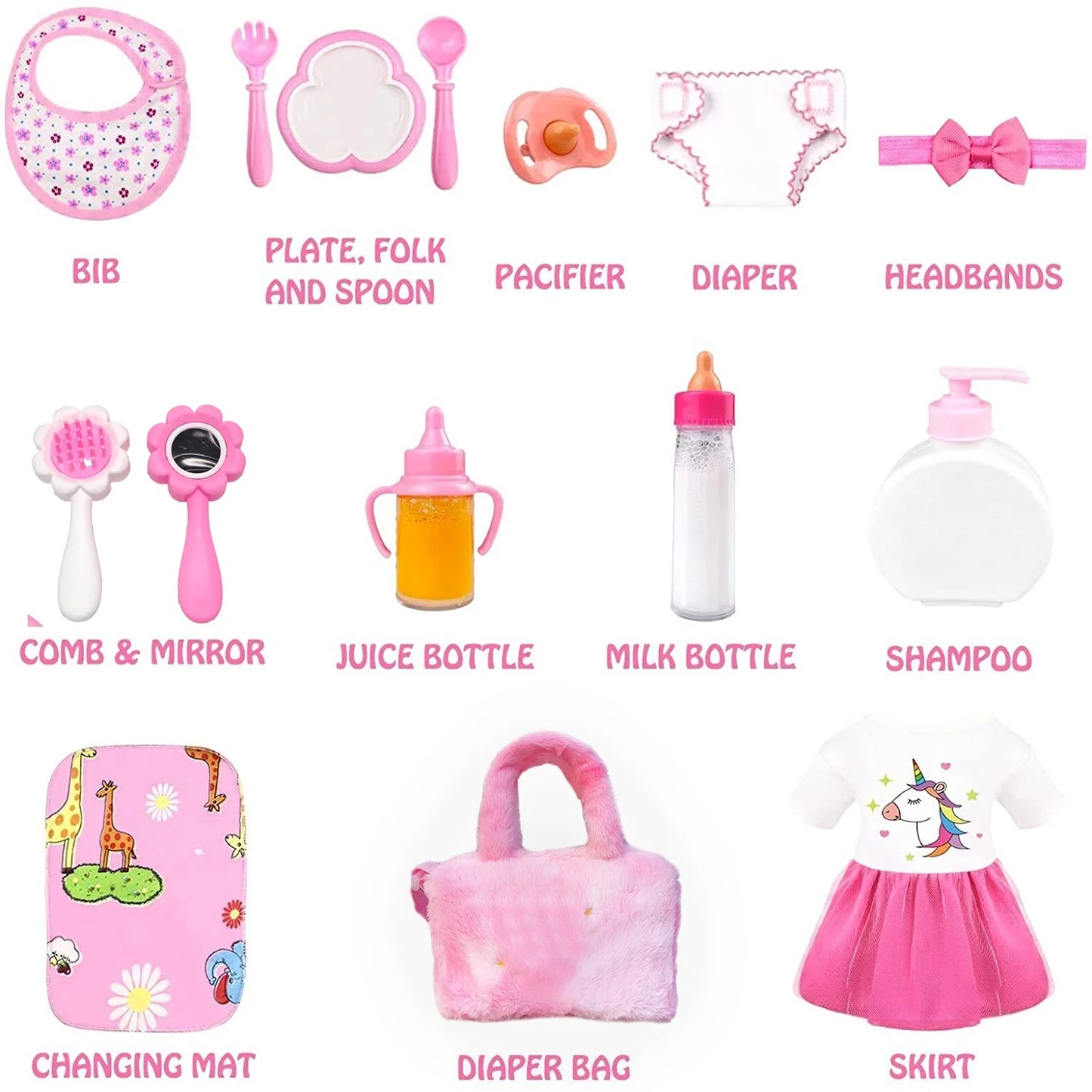 Baby Doll Accessories, Baby Doll Feeding and Caring Set, 15 Pieces