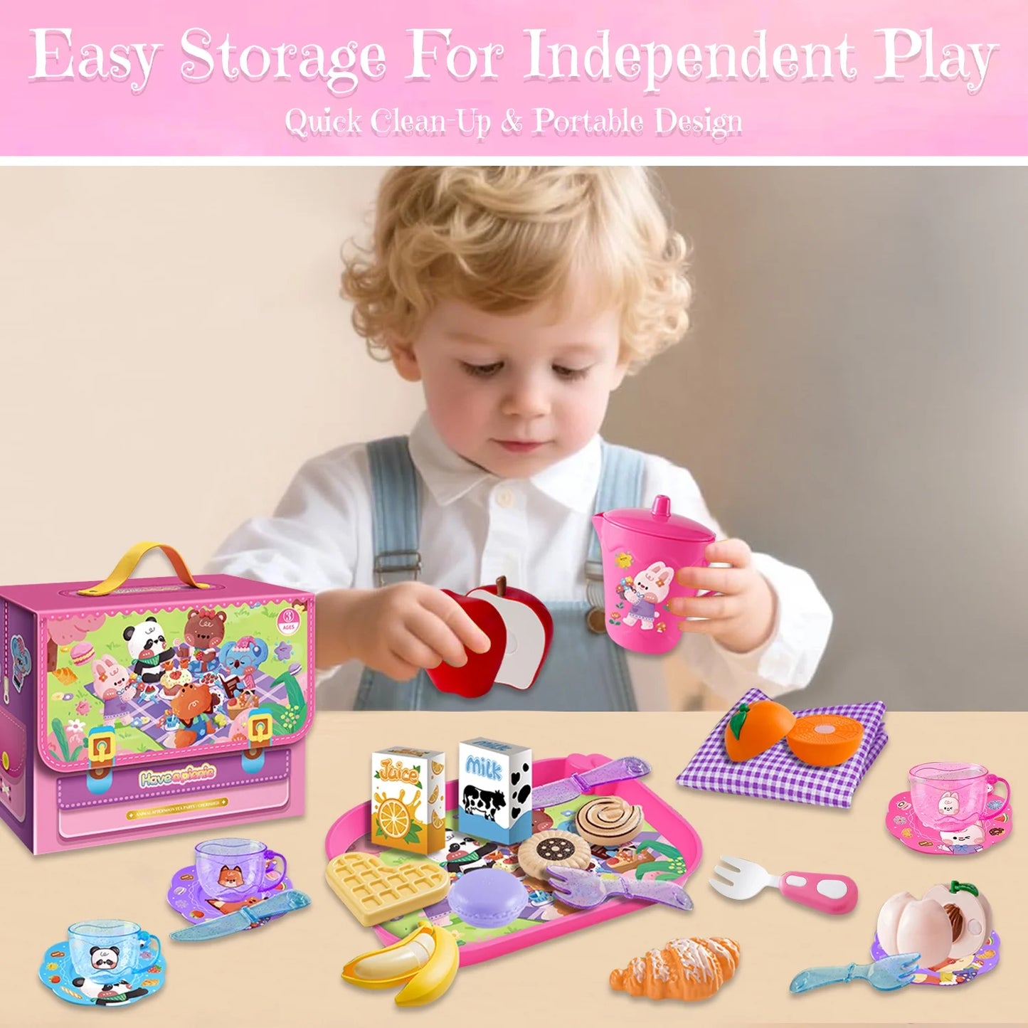 Sytle-Carry Tea Party Set for Little Girls, 43 Pcs Pretend Play Toy Picnic Basket, Toys for Toddler Girls 3-6 Years
