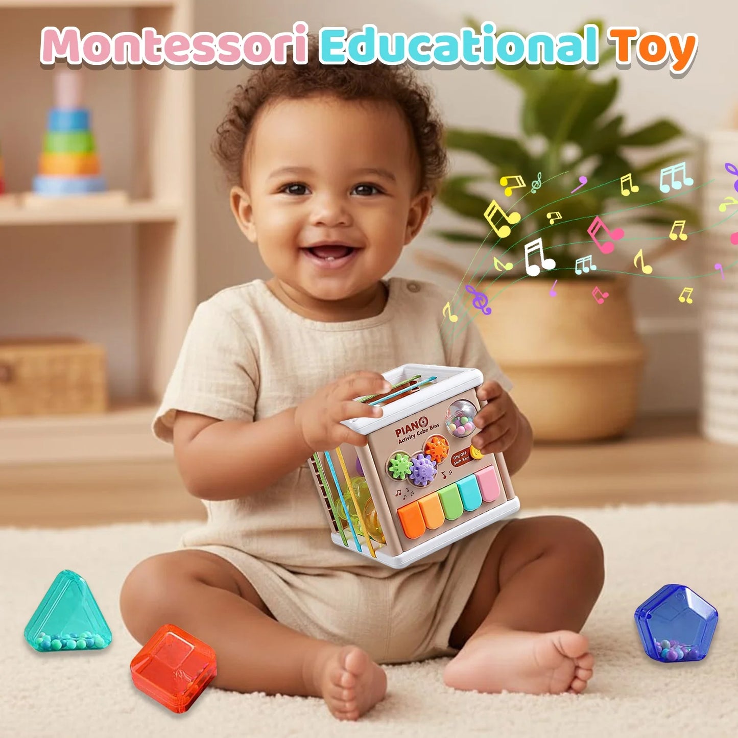 Montessori Toys for 1+ Year Old, Piano Cube & 6 Sensory Shape Blocks, Baby Toys 12-24 Months, Developmental Infant Birthday Gifts for Learning Toddler Age 1 2 3