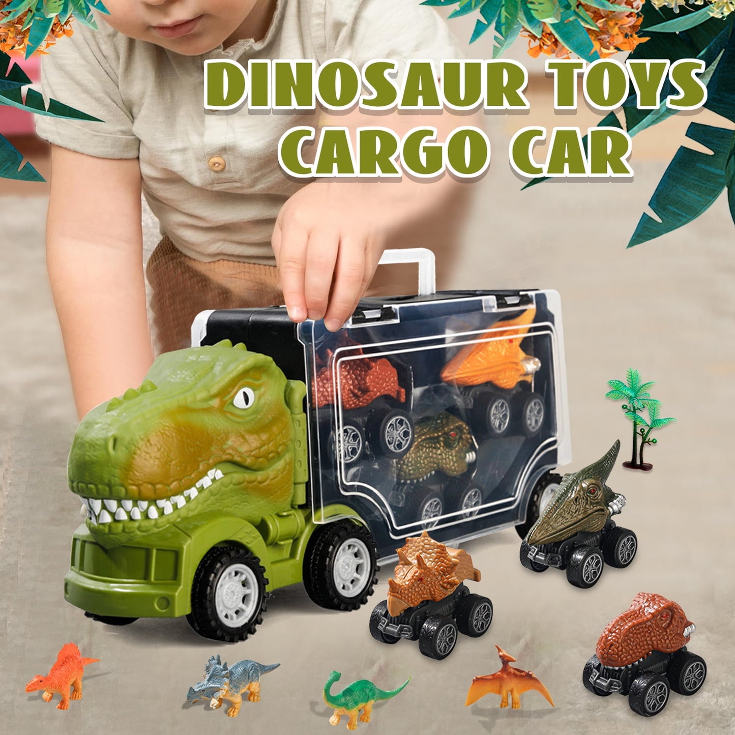 Dinosaur Toys for Boys 3-6 Years, Dinosaurs Figures with Transport Truck and 3 Pull Back Dinosaur Cars, Kids Toddler Toys for Boys 2 3 4 5 6 Year Old