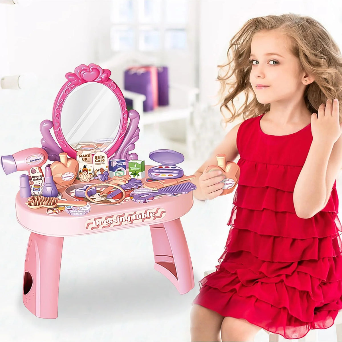 Pretend Play Girls Makeup Table Set, Toddler Girls Vanity Set Toy, Princess Toys for Little Girls Ages 3 4 5 6 7
