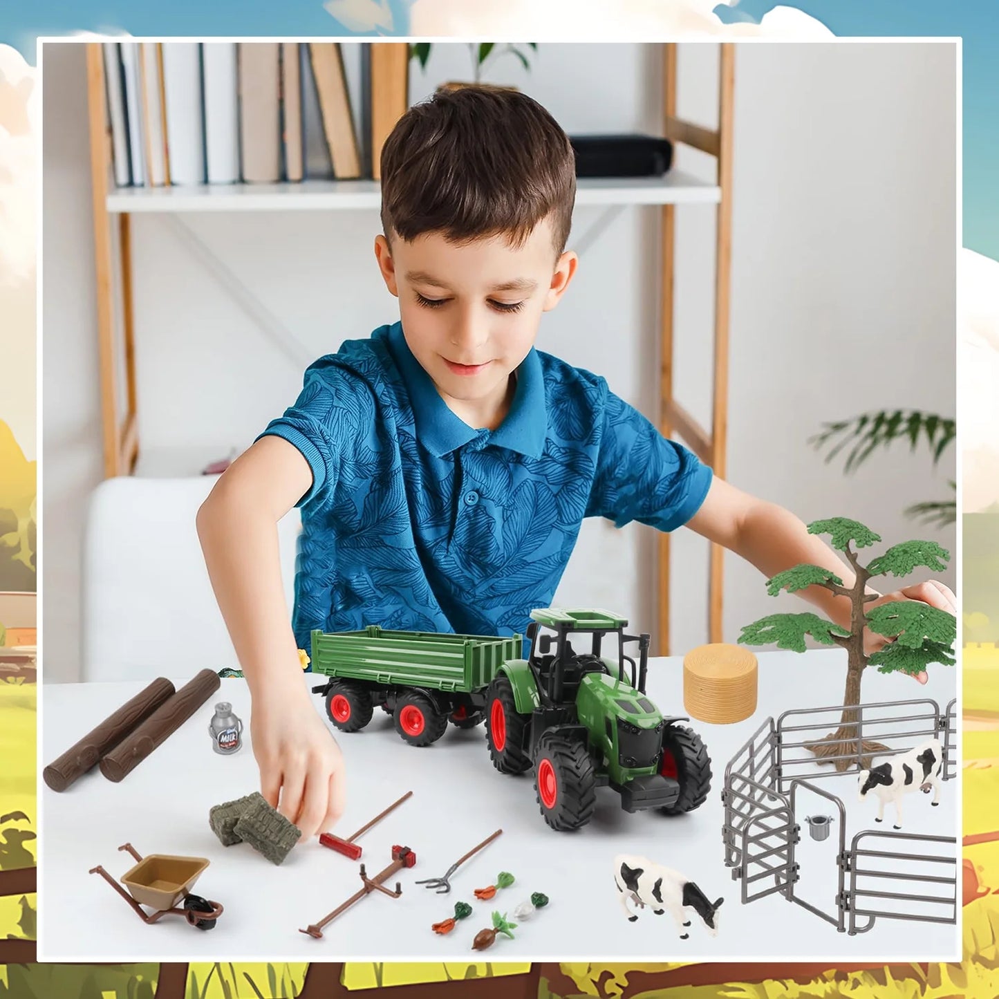 Farm Animal Tractor Toys Playset-16.5 Inches Tractor with Trailer Fence,Farmer,Tree,Cow,Farm Toy Set for Boys Girls Kids Toddlers Age 3-7 Years Old