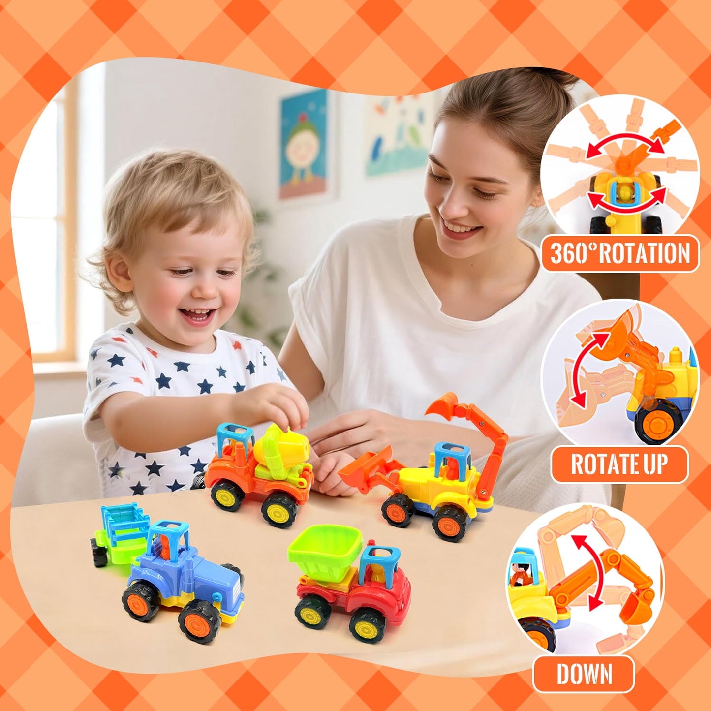 Friction Powered Toy Cars for Toddlers 1-3, 4 pack Construction Vehicles Toys Set, Early Educational Learning Toys for 1 2 3 Year Old Boys Girls, Birthday Gifts for Baby Kids