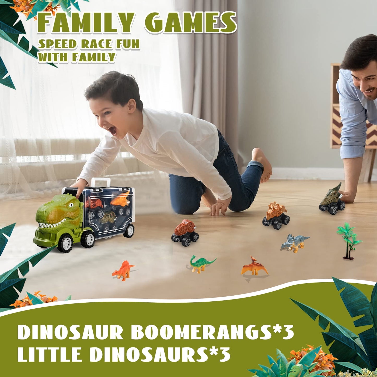 Dinosaur Toys for Boys 3-6 Years, Dinosaurs Figures with Transport Truck and 3 Pull Back Dinosaur Cars, Kids Toddler Toys for Boys 2 3 4 5 6 Year Old