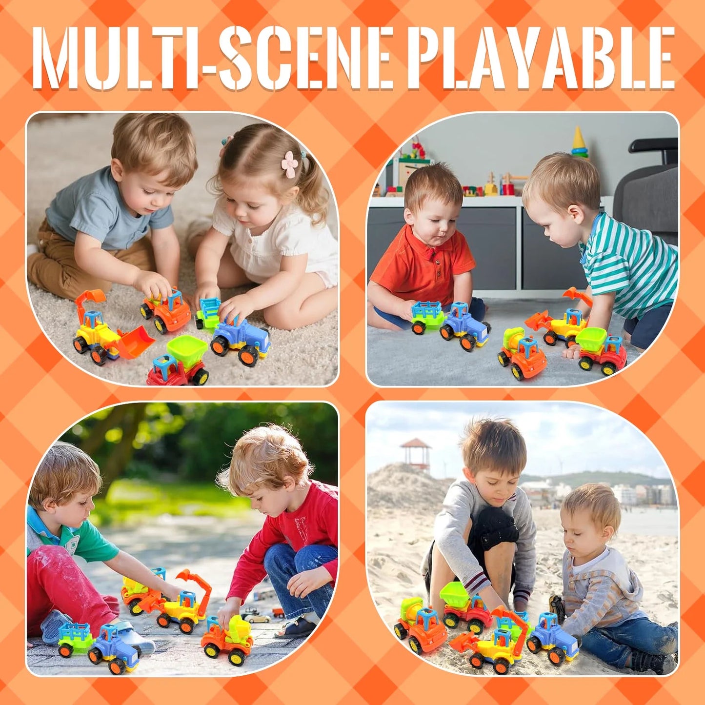 Friction Powered Toy Cars for Toddlers 1-3, 4 pack Construction Vehicles Toys Set, Early Educational Learning Toys for 1 2 3 Year Old Boys Girls, Birthday Gifts for Baby Kids