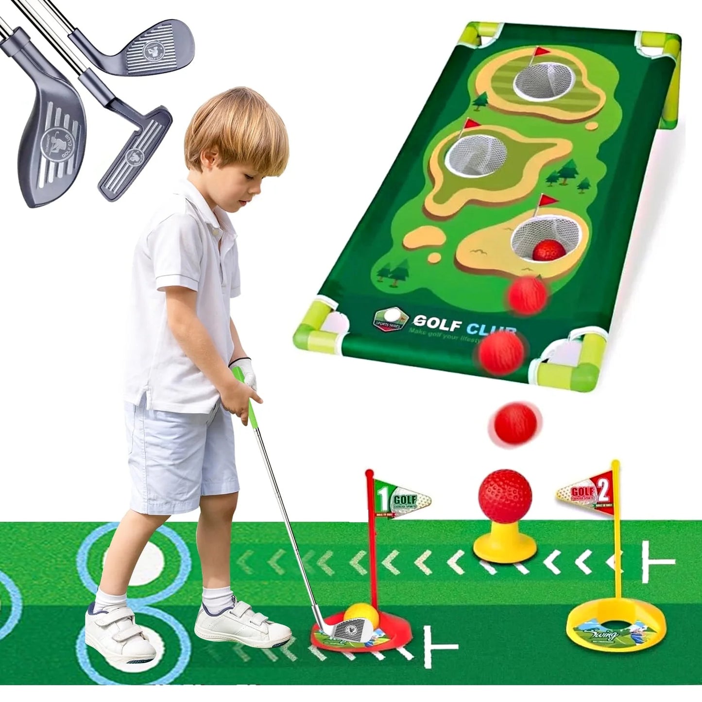 Kids Golf Set, Mini Golf Set for kid, Golf Ball Game with Practice Mat & Cornhole Board, Sports Toys Outdoor Toys Birthday Gifts for Boys Girls 3 4 5 6 Ages Year Old