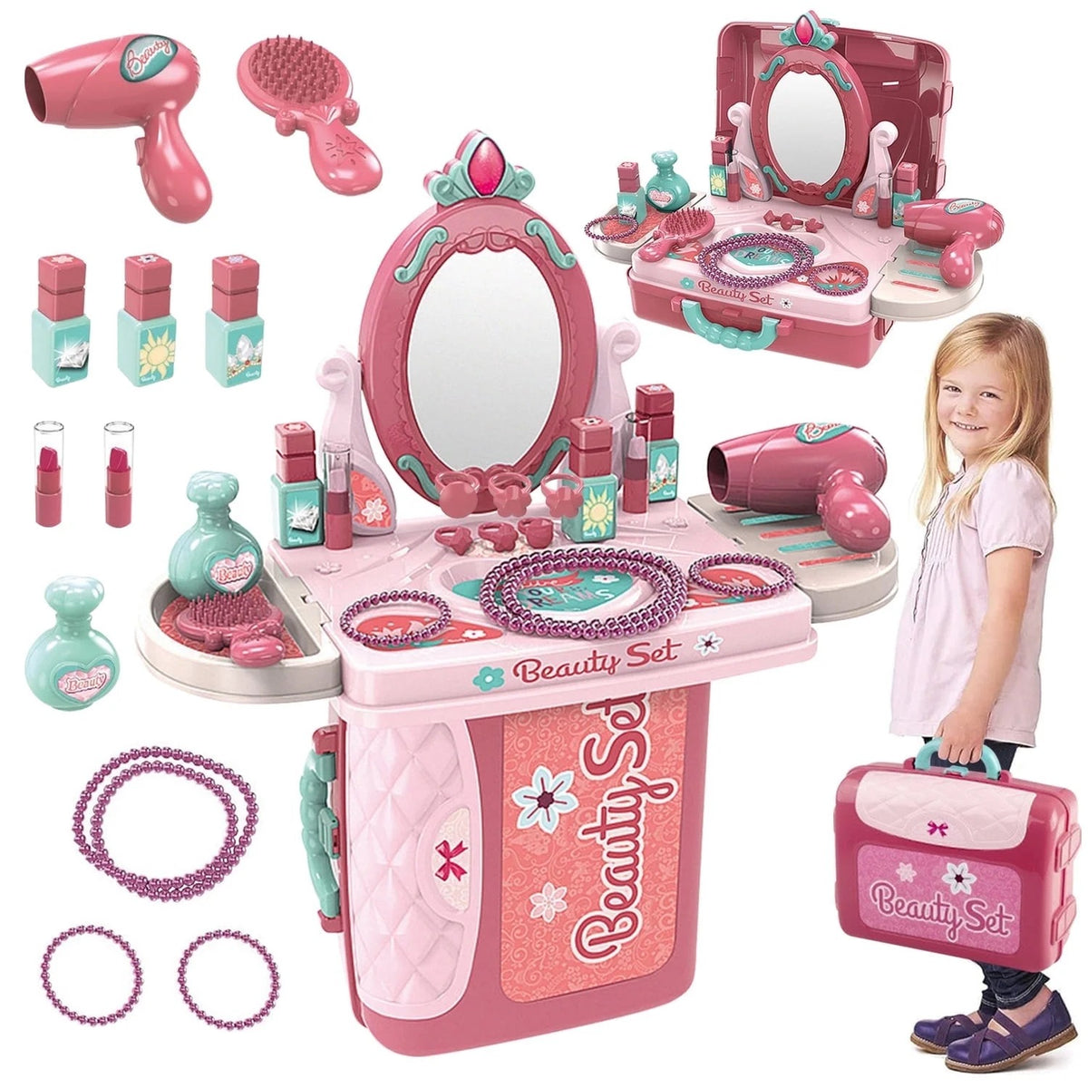 Toddler Girls Vanity Toy, 3 in 1 Pretend Play Makeup Table Playset, Princess Toys for Girls Ages 3 4 5 6 7 Years