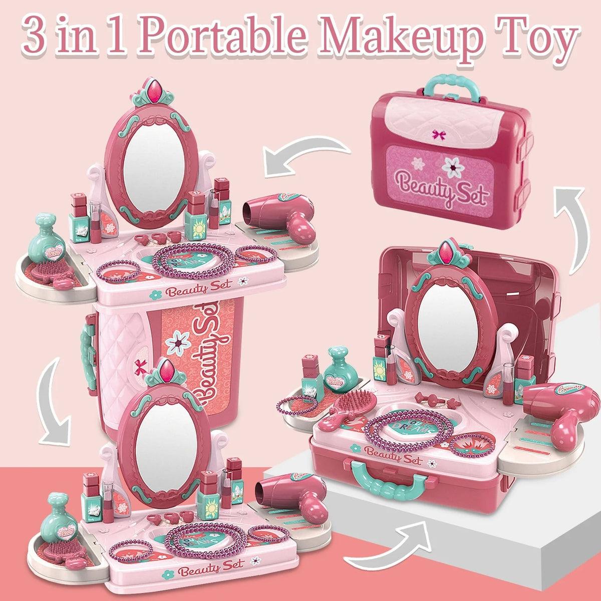 Toddler Girls Vanity Toy, 3 in 1 Pretend Play Makeup Table Playset, Princess Toys for Girls Ages 3 4 5 6 7 Years
