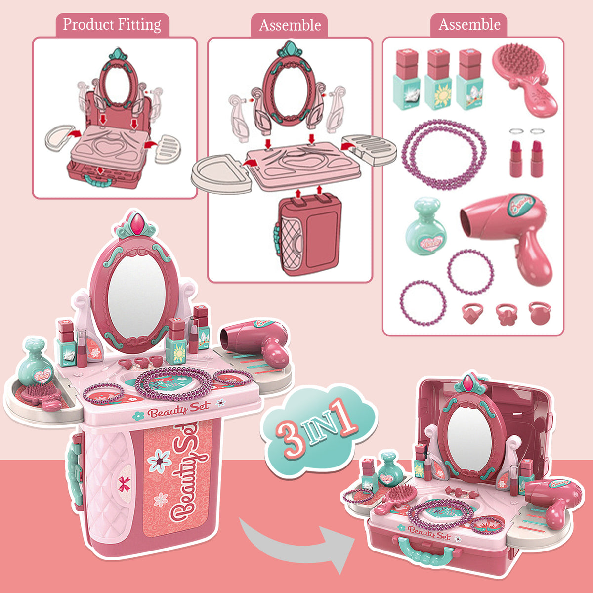 Toddler Girls Vanity Toy, 3 in 1 Pretend Play Makeup Table Playset, Princess Toys for Girls Ages 3 4 5 6 7 Years