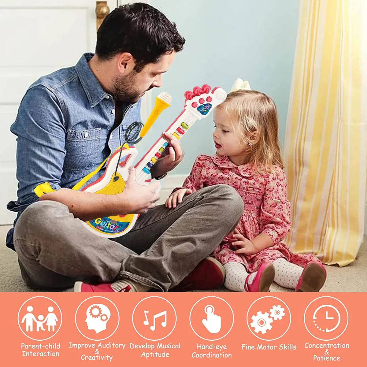 Sytle-Carry Kids Guitar Toy, Guitar and Microphone Set for Kids, Guitar Toys with Music & Colorful Light, Kids Musical Instruments Educational Toys for 3, 4, 5, 6, 7 Year Old
