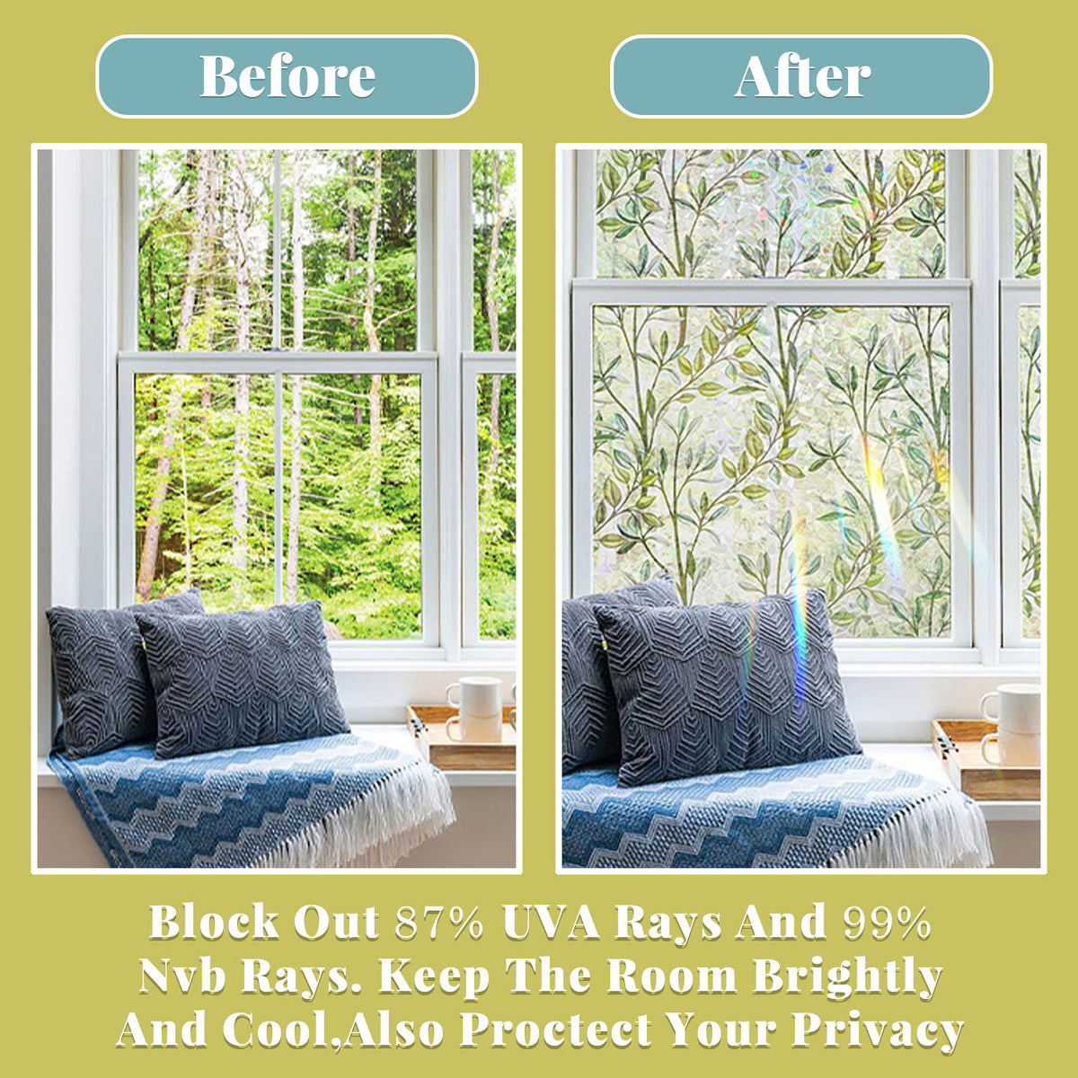 Window Film Privacy Covering, 3D Glue-Free Stained Glass Window Clings, Static Glass Sticker for Home, Green Leaves, 17.5" x 78.7" (45 x 200cm)