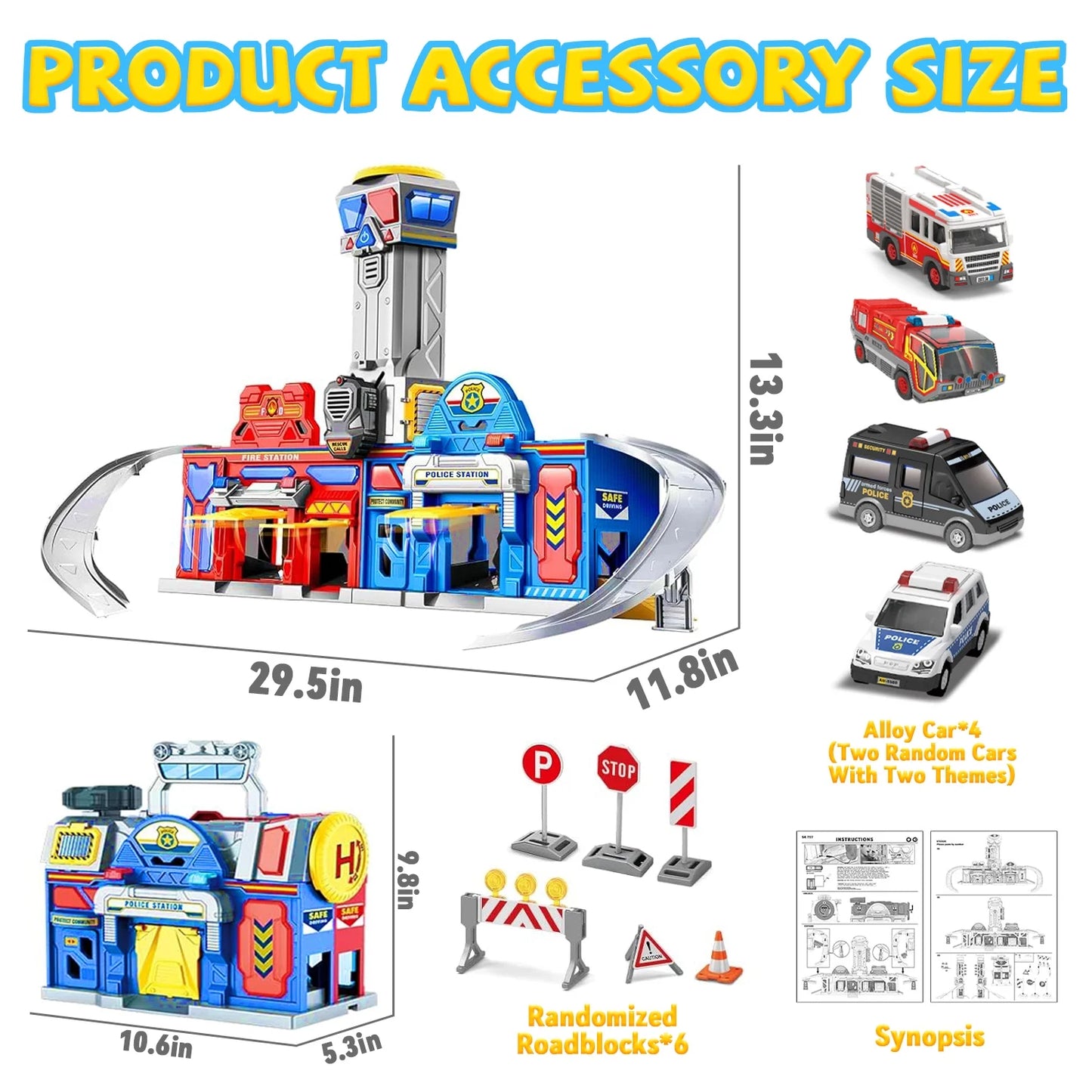 Toddler Toy for 5 Year Old Boys, Police & Fire Station Transform Track Toy with 4 Cars, Birthday Gifts Boys Toys Ages 3-5, 5-7