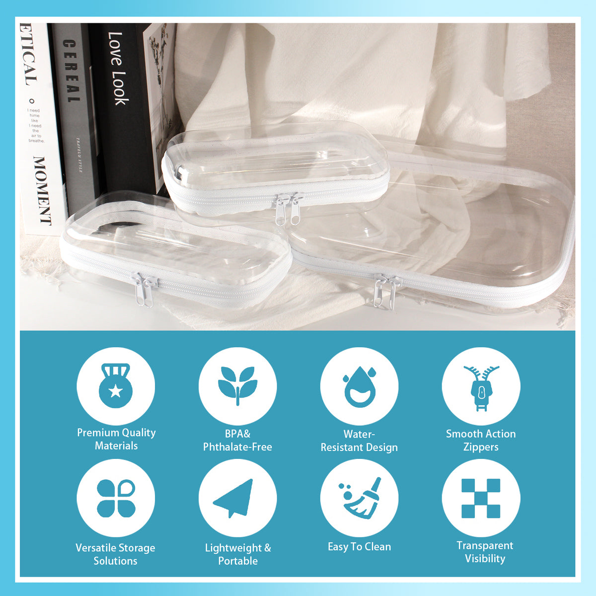 3 Pcs Clear Hard Shell Zipper Case, Transparent Waterproof Makeup Bag, Portable Travel Storage Organizer Pouch for Toy, Cosmetics, Stationery (2 Sizes)