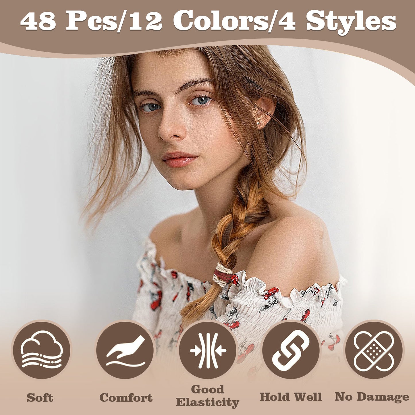 48 Pcs Boho Hair Ties, Cute Rubber Bands No Hair Damage, Elastic Hair Tie Bracelets for Thick, Thin, Braiding Hair, Ponytail, for Women Girls Hair Accessories