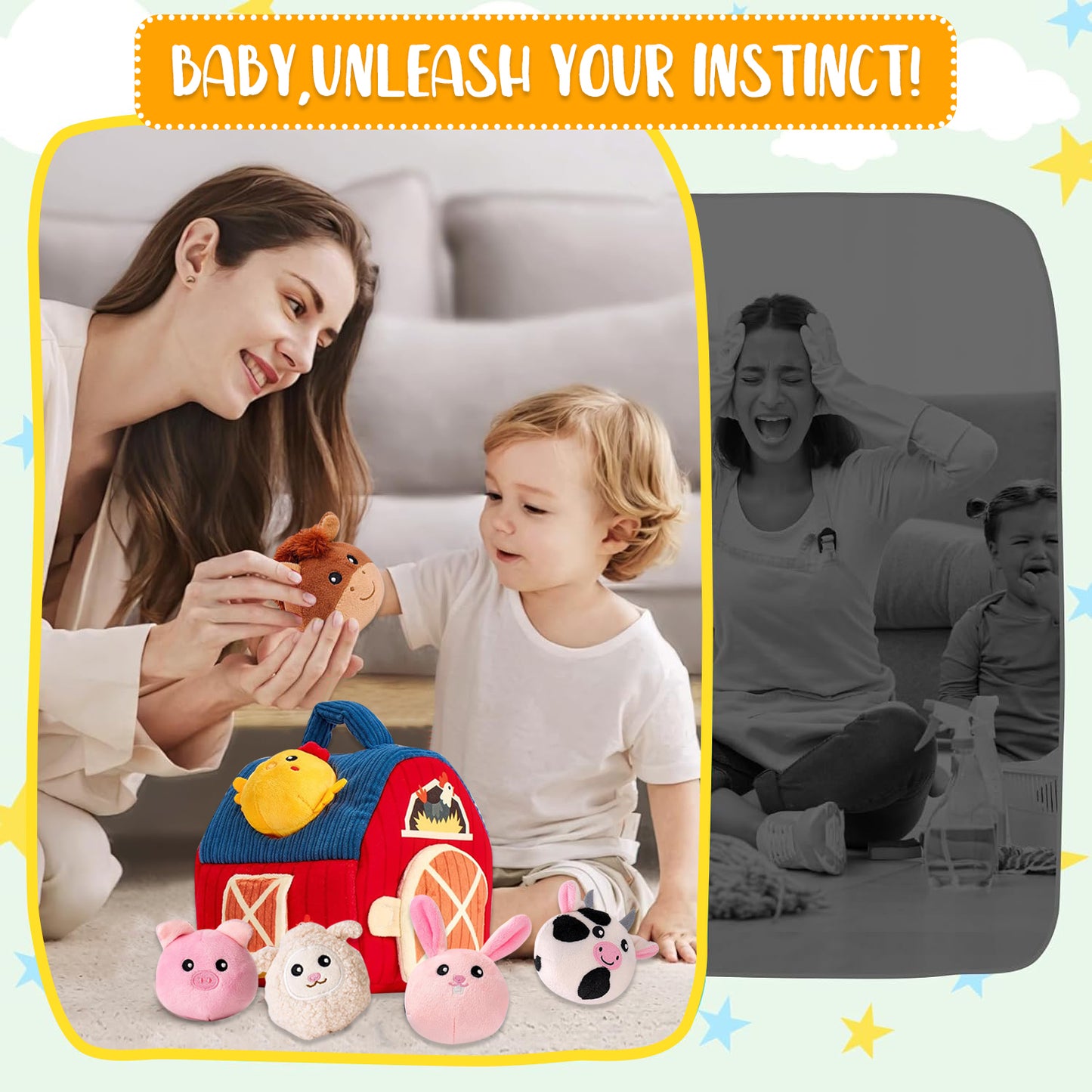 Baby Toys 6-12 Months, Stuffed Farm Animals with Barn, Rattle, Mirror - Montessori Toys for 1 Year Old Baby Boy Girl Gifts