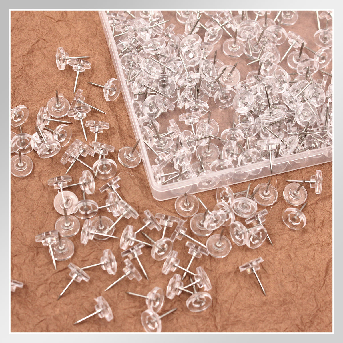 Style-Carry 250 PCS Clear Plastic Flat Top Push Pins, Transparent Round Head Steel Thumb Tacks for Cork Board Photo Wall Hanging Office Home Decor and Office Organization