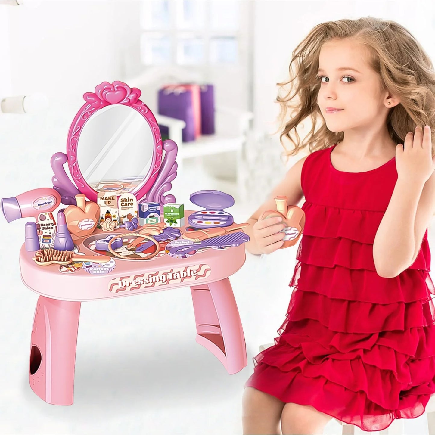 Pretend Play Girls Makeup Table Set, Toddler Girls Vanity Set Toy, Princess Toys for Little Girls Ages 3 4 5 6 7