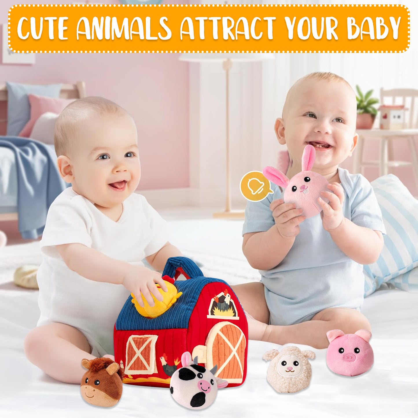 Baby Toys 6-12 Months, Stuffed Farm Animals with Barn, Rattle, Mirror - Montessori Toys for 1 Year Old Baby Boy Girl Gifts