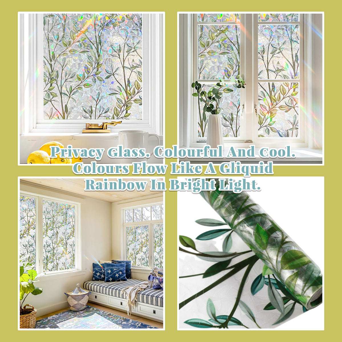 Window Film Privacy Covering, 3D Glue-Free Stained Glass Window Clings, Static Glass Sticker for Home, Green Leaves, 17.5" x 78.7" (45 x 200cm)