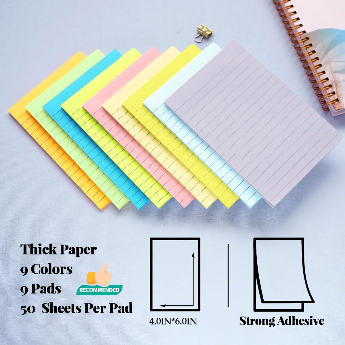 Style-Carry 9 Pads 450 Sheets Lined Sticky Notes 4x6, Colorful Large Sticky Notepads, Self-Adhesive Ruled Memo Post, for Home Office Supplies