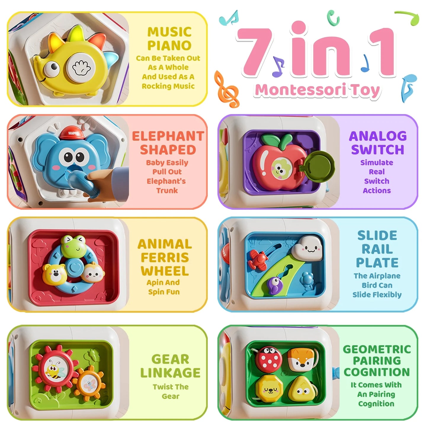 Montessori Toys for 1 Year Old, Toddler Learning Toys 1 3 for Boys Girls, 7-in-1 Baby Activity Cube with Music, Baby Toys 6+ Months