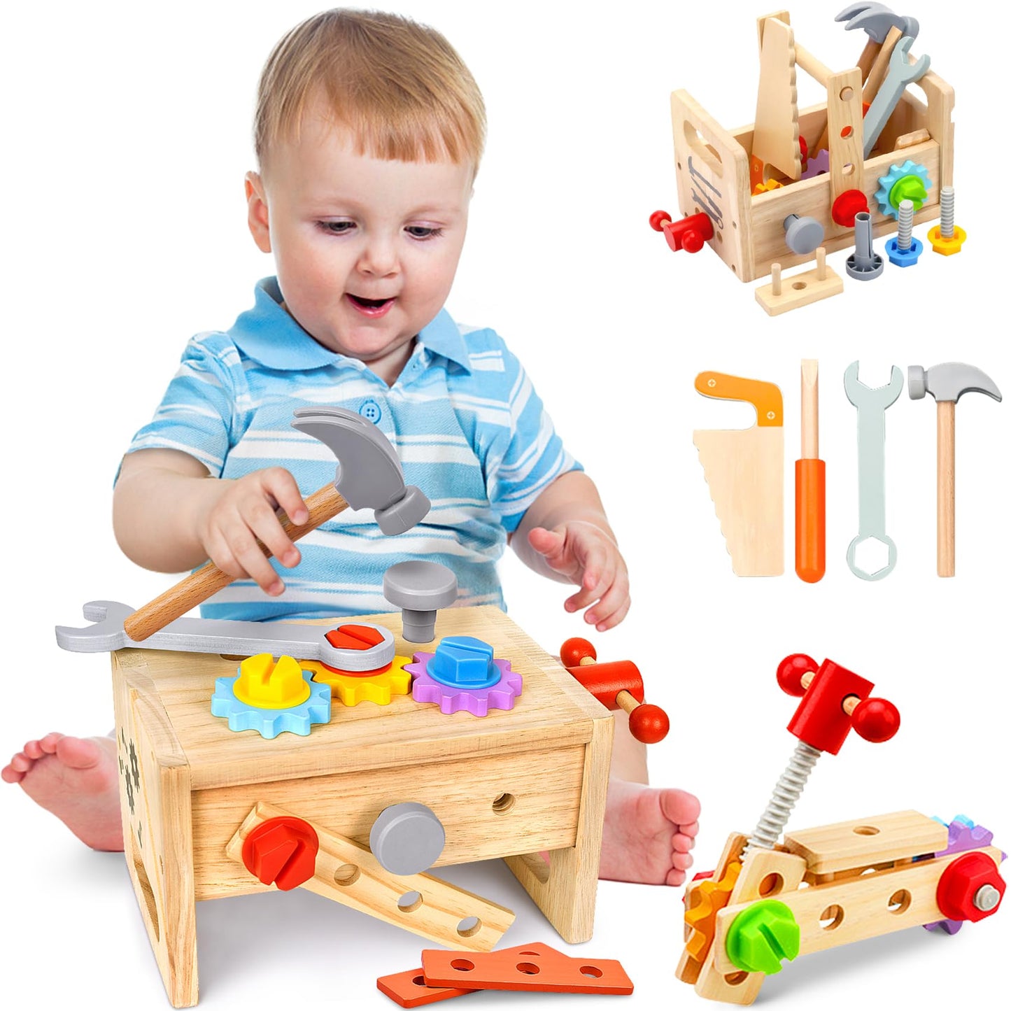Wooden Tool Set Montessori Toys for 2 3 4 5 Year Old Boy, 29Pcs Stem Toys Toddler Educational Toys Age 2-3, Tool Bench Pretend Play Construction Learning Toys for Toddler Birthday Gifts